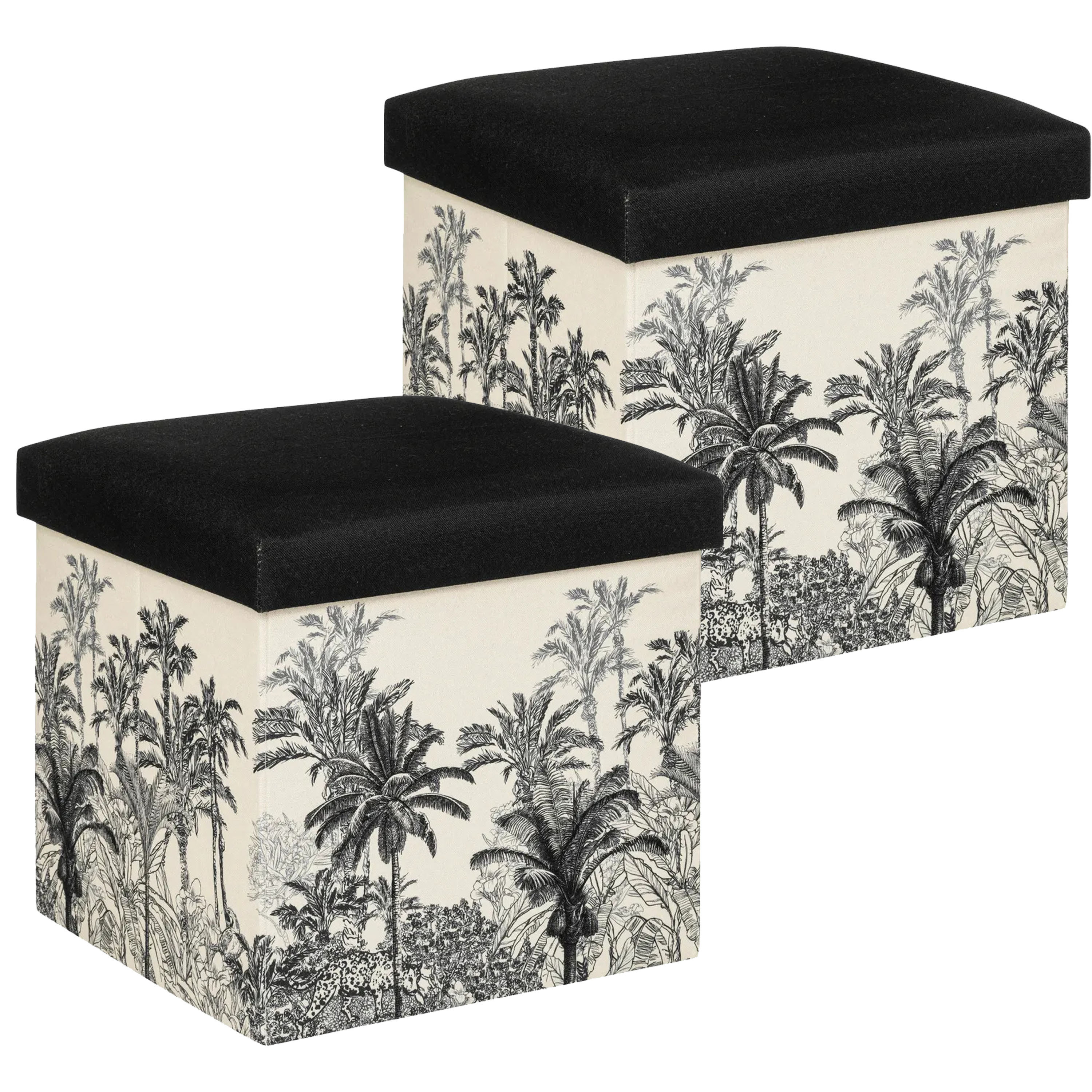 Poef/krukje/hocker Palmtrees - 2x - Opvouwbare zit opslag box - creme wit/zwart - D39 x H39 cm -