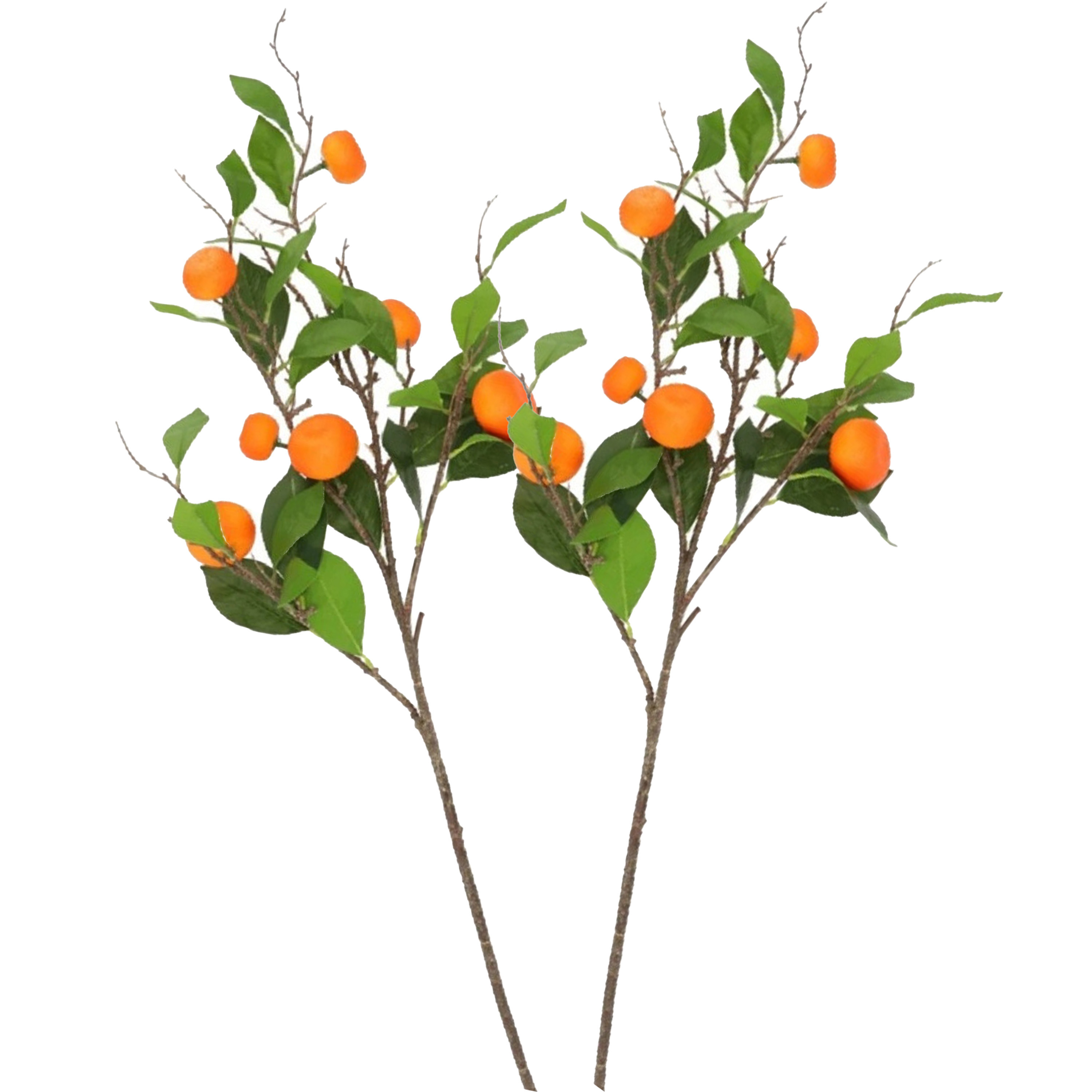 Kunstbloem citrusfruit tak mandarijn/clementine - 2x - 90 cm - oranje - losse steel - Kunst zijdeblo -