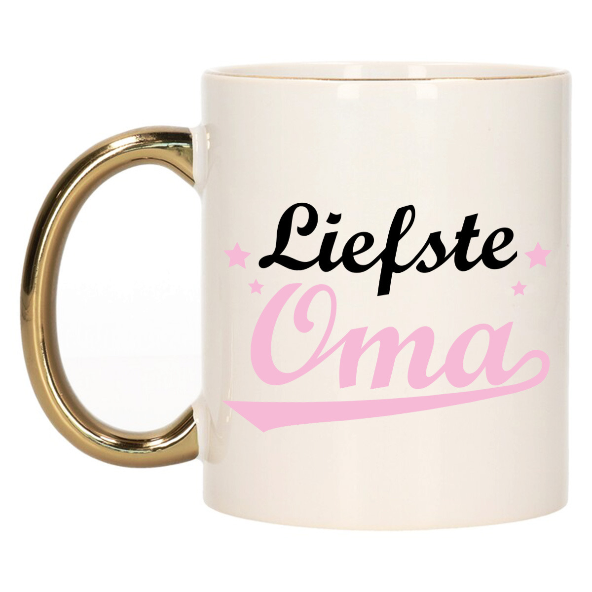 Cadeau koffie/thee mok voor oma - roze met gouden oor - de liefste - keramiek - 300 ml -