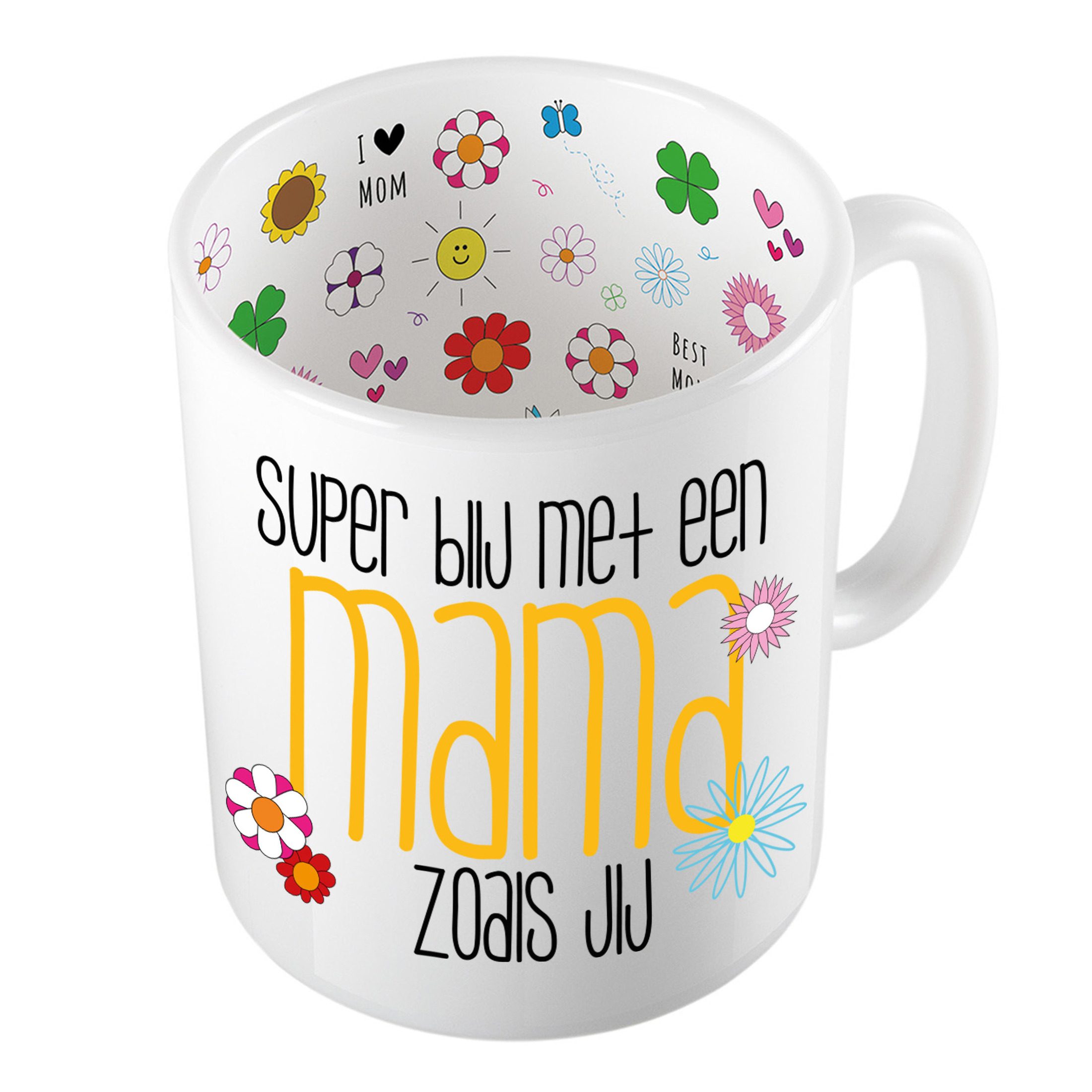 Cadeau koffie/thee mok voor mama - oranje - super blij met mama - keramiek - 300 ml - Moederdag -