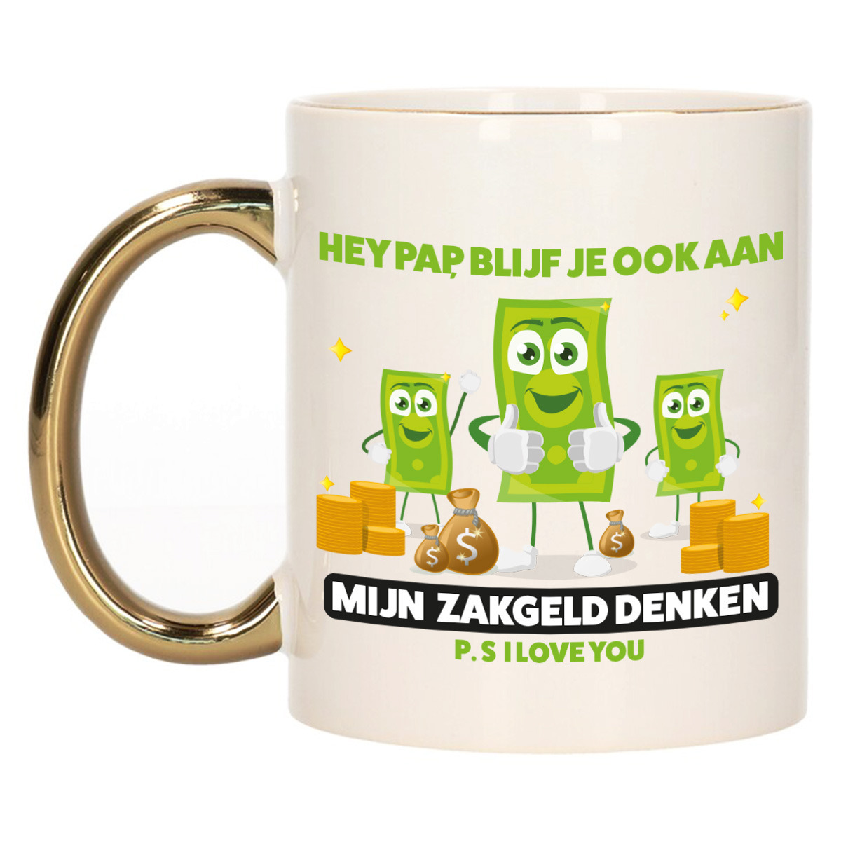 Cadeau koffie/thee mok voor papa - goud/groen - zakgeld - keramiek - 300 ml - Vaderdag -