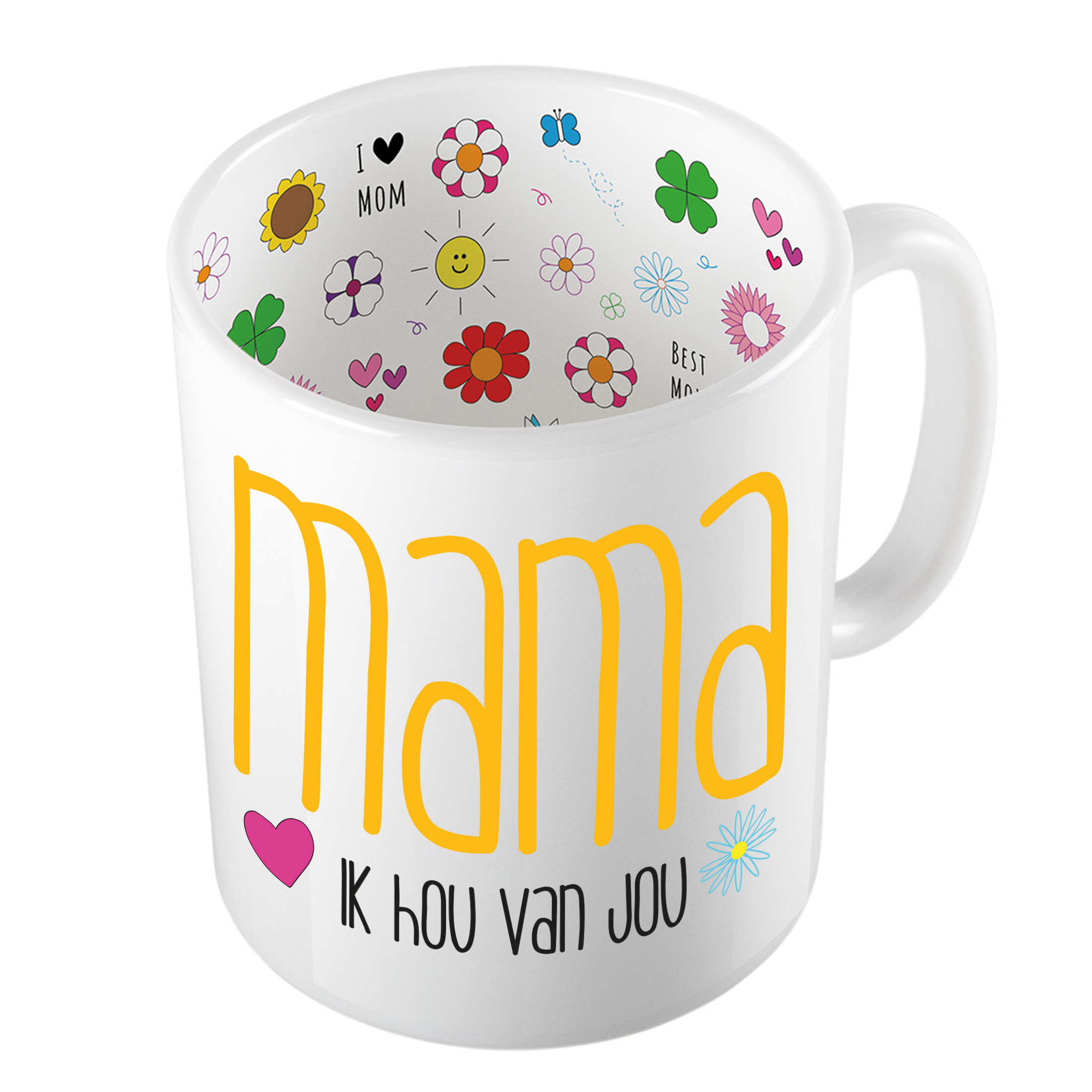 Cadeau koffie/thee mok voor mama - geel - ik hou van jou - keramiek - 300 ml - Moederdag -