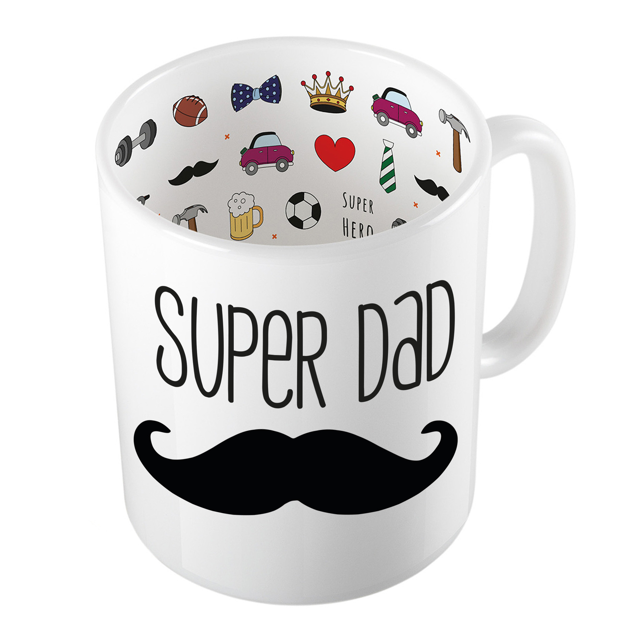Cadeau koffie/thee mok voor papa - zwarte snor - super papa - keramiek - 300 ml - Vaderdag -