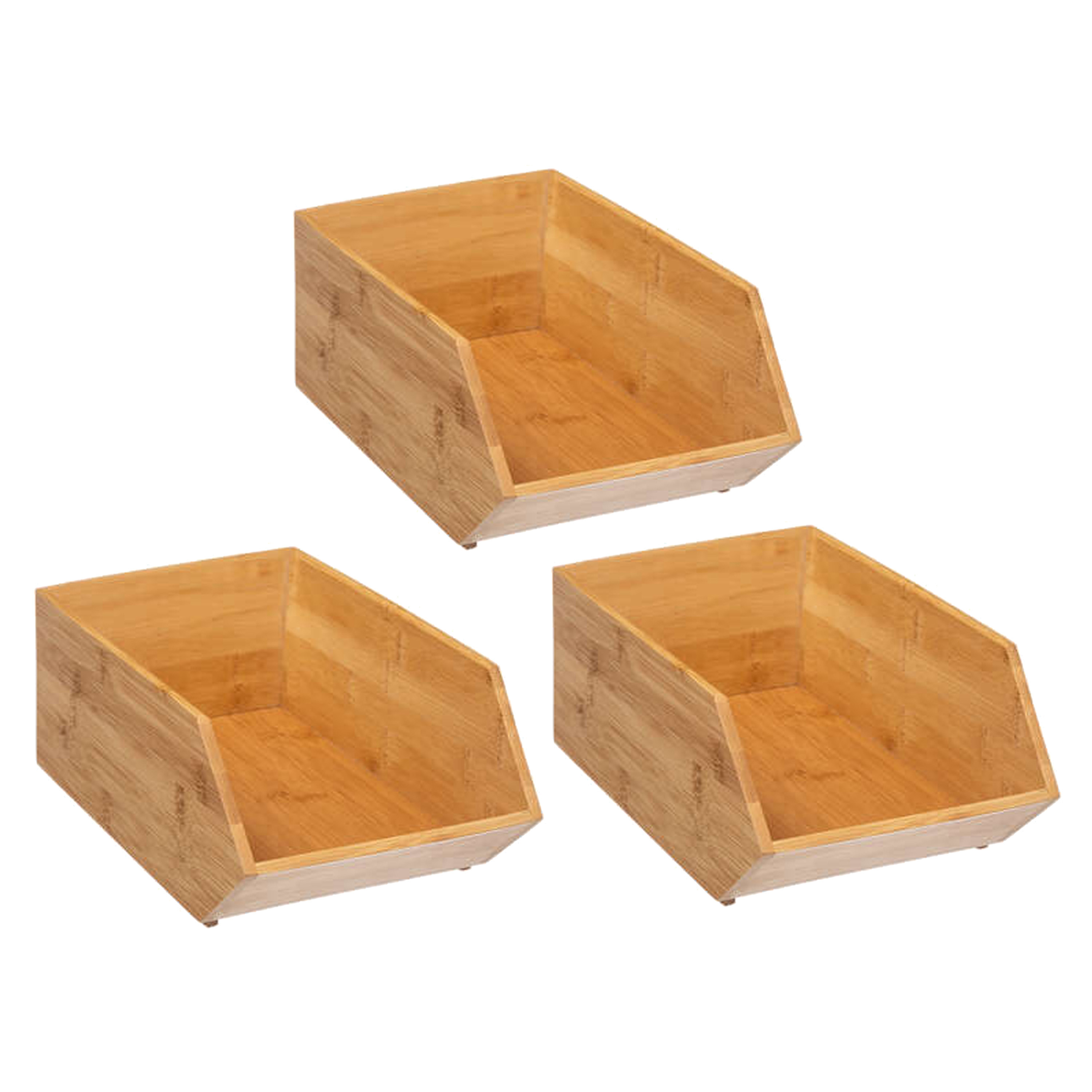Stapelbare opbergmand 1 vaks - 3x - L18 x B31 x H12 cm - bamboe hout - lichtbruin - organizer -