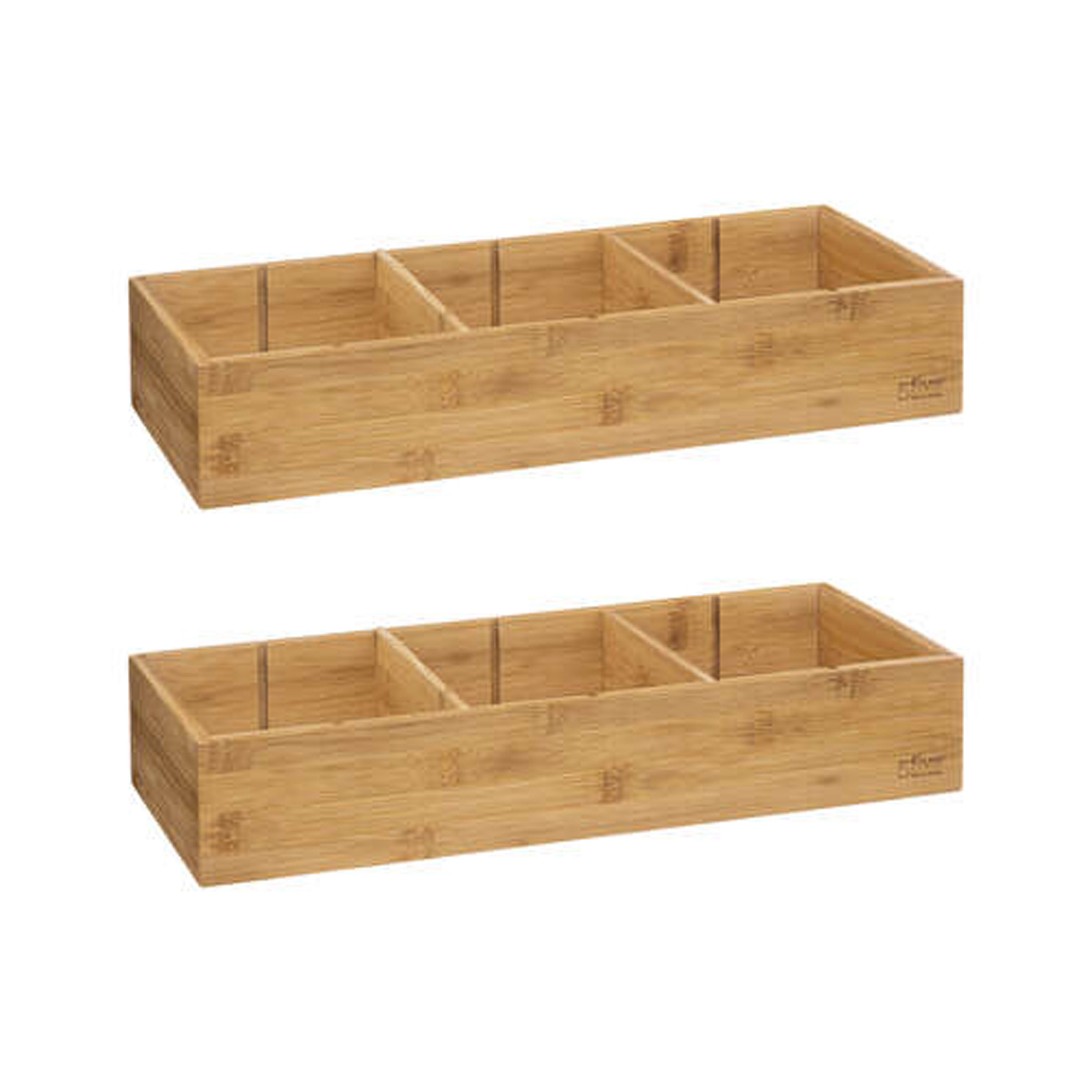 Lade/kast/badkamer organizer - 2x - 3 vaks - L38 x B15 x H7 cm - bamboe hout - lichtbruin - met inde -