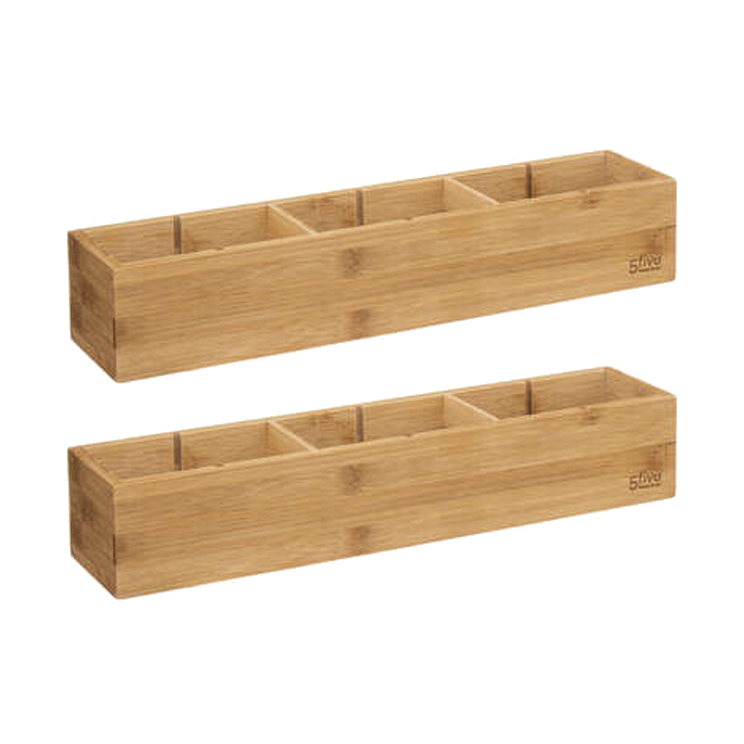 Lade/kast/badkamer organizer - 2x - 3 vaks - L38 x B8 x H7 cm - bamboe hout - lichtbruin - met indel -