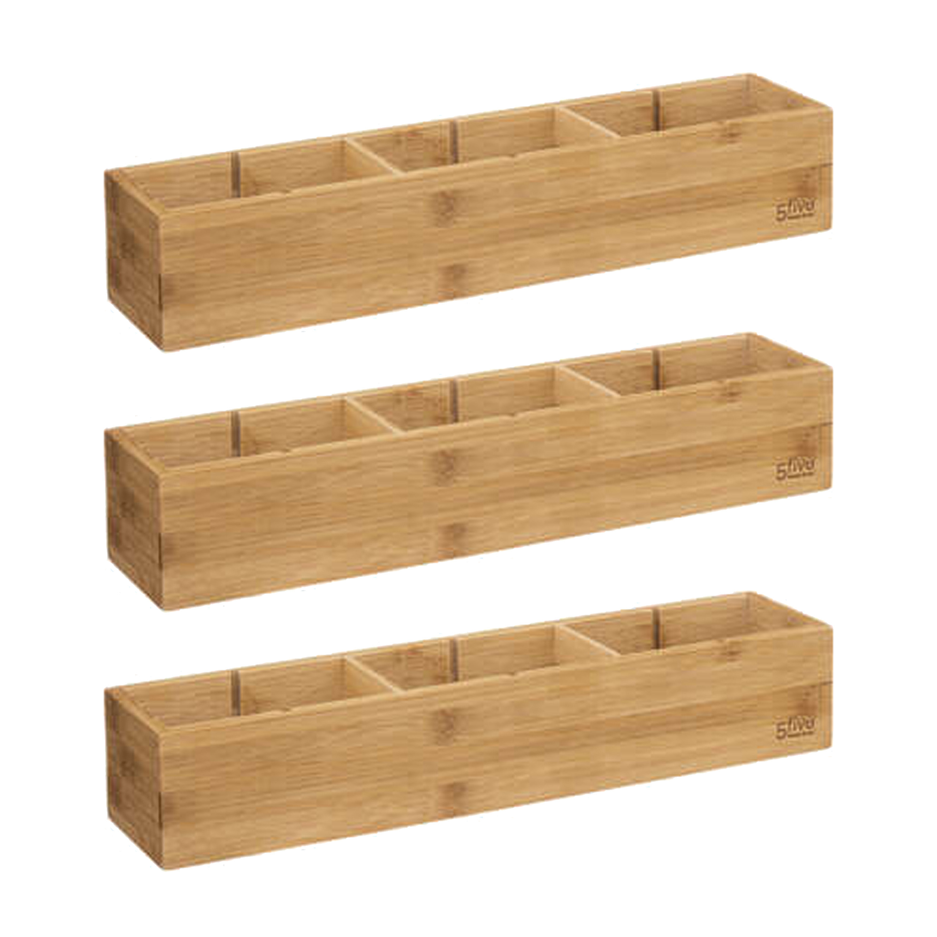 Lade/kast/badkamer organizer - 3x - 3 vaks - L38 x B8 x H7 cm - bamboe hout - lichtbruin - met indel -
