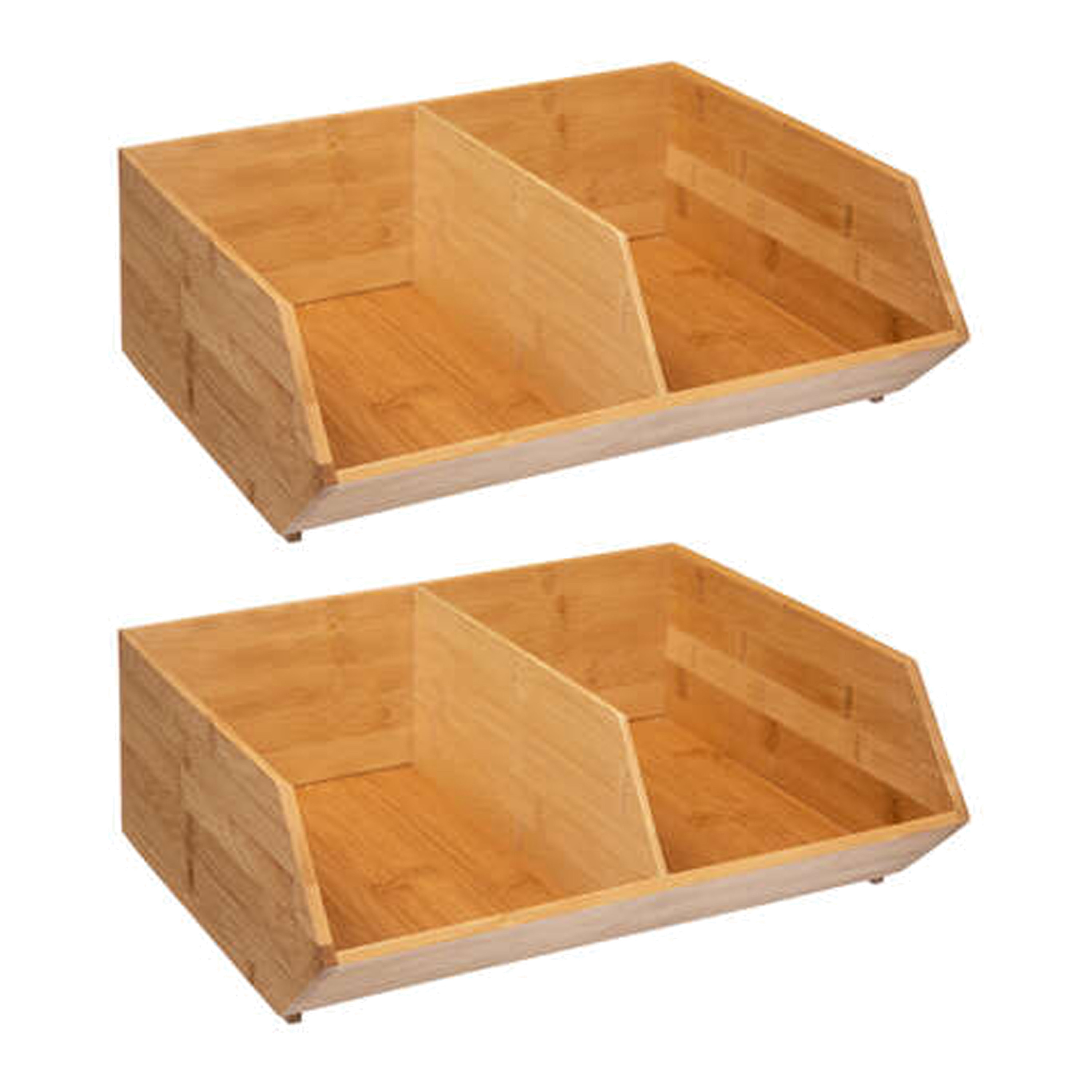 Stapelbare opbergmand 2 vaks - 2x - L35 x B31 x H12 cm - bamboe hout - lichtbruin - organizer -