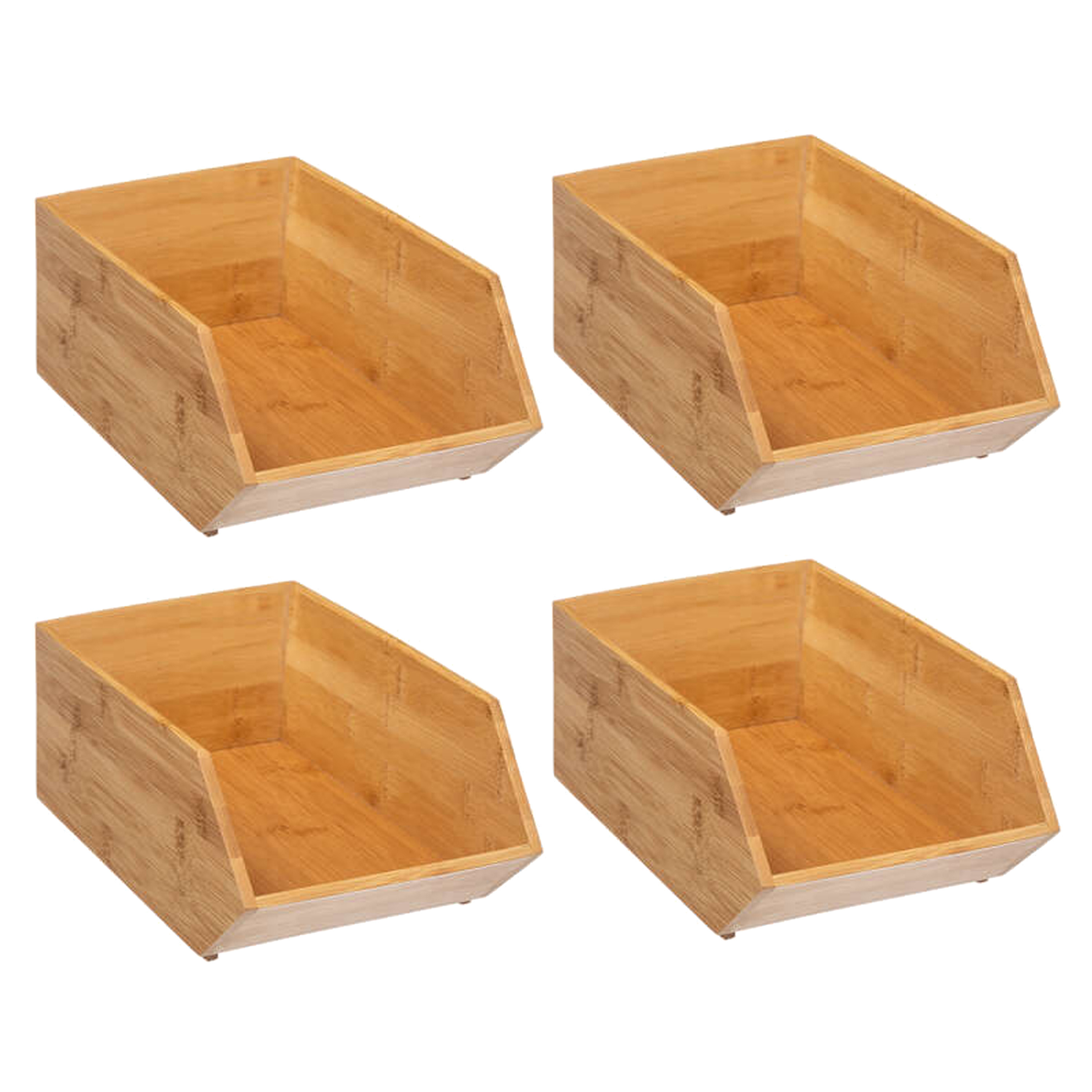 Stapelbare opbergmand 1 vaks - 4x - L18 x B31 x H12 cm - bamboe hout - lichtbruin - organizer -