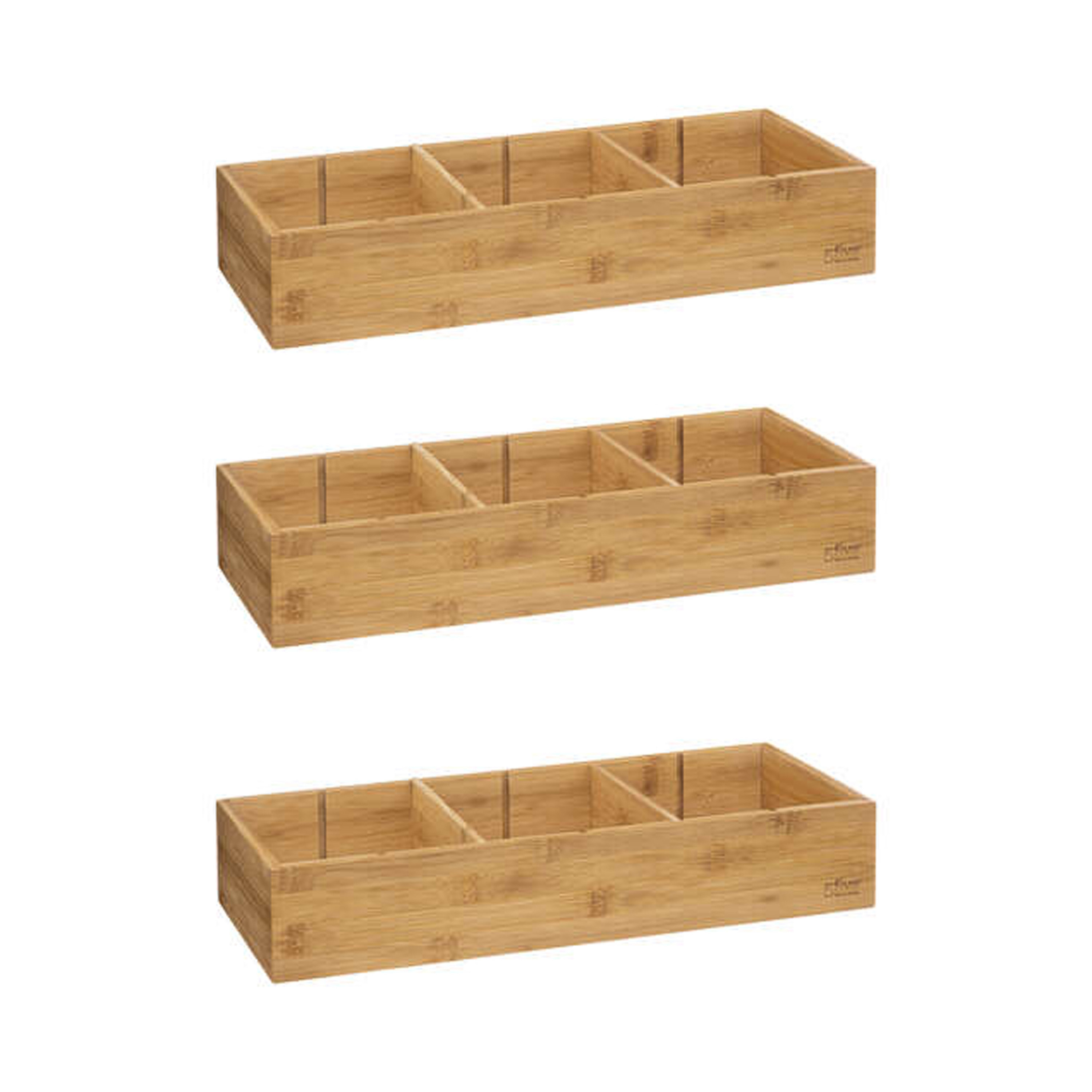 Lade/kast/badkamer organizer - 3x - 3 vaks - L38 x B15 x H7 cm - bamboe hout - lichtbruin - met inde -
