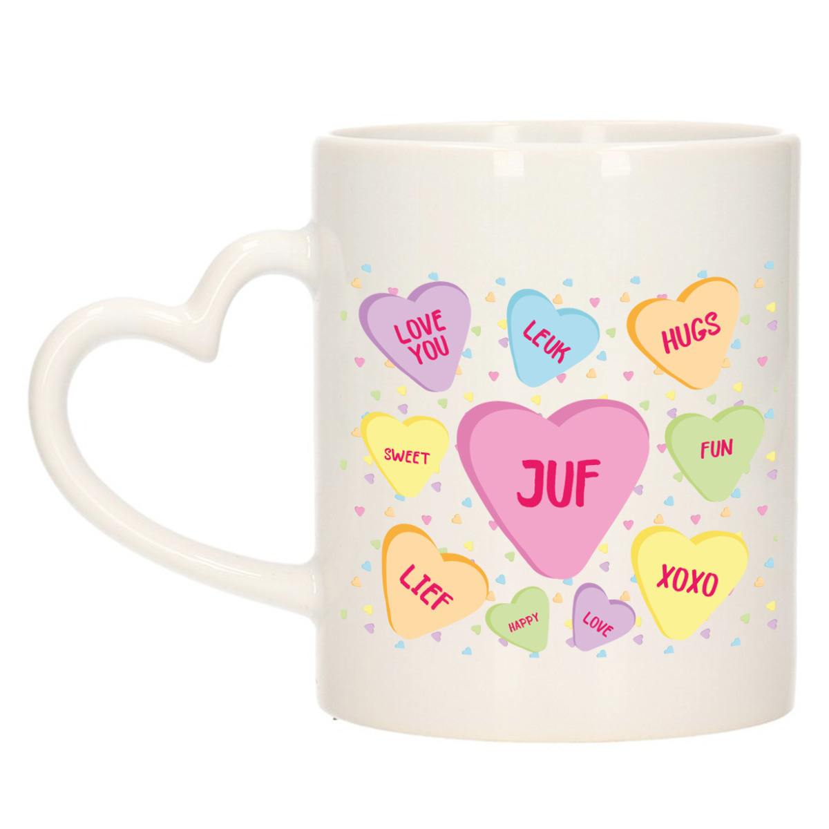 Cadeau koffie/thee mok voor juf - pastel - hartjes oor - de liefste juf - keramiek - juffen dag -