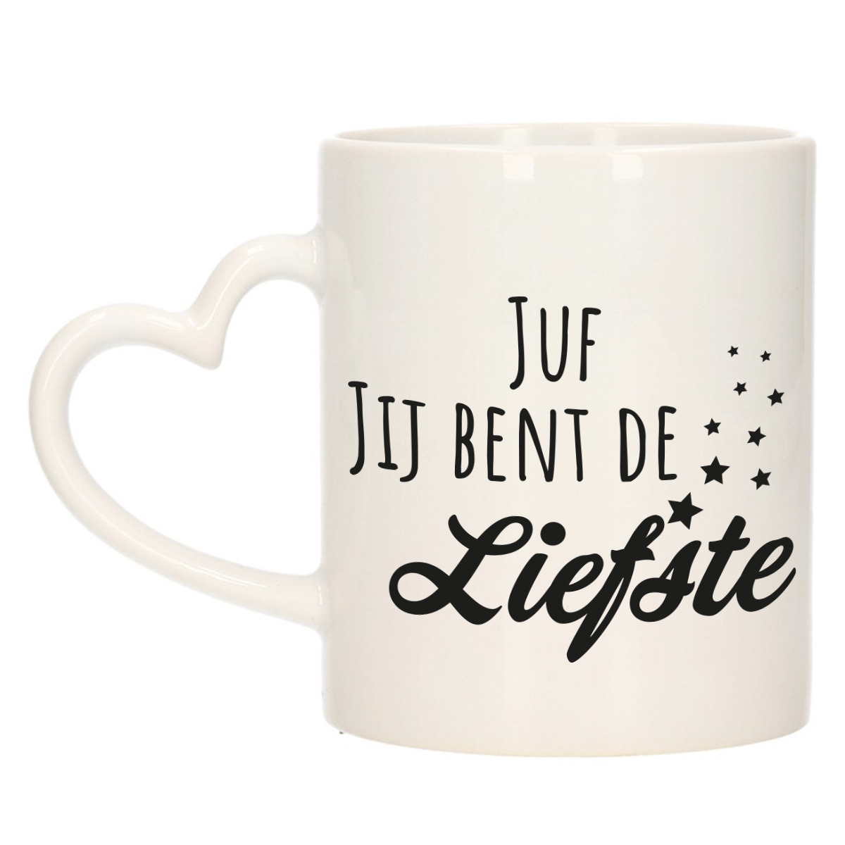 Cadeau koffie/thee mok voor juf - zwart - hartjes oor - de liefste juf - keramiek - juffen dag -