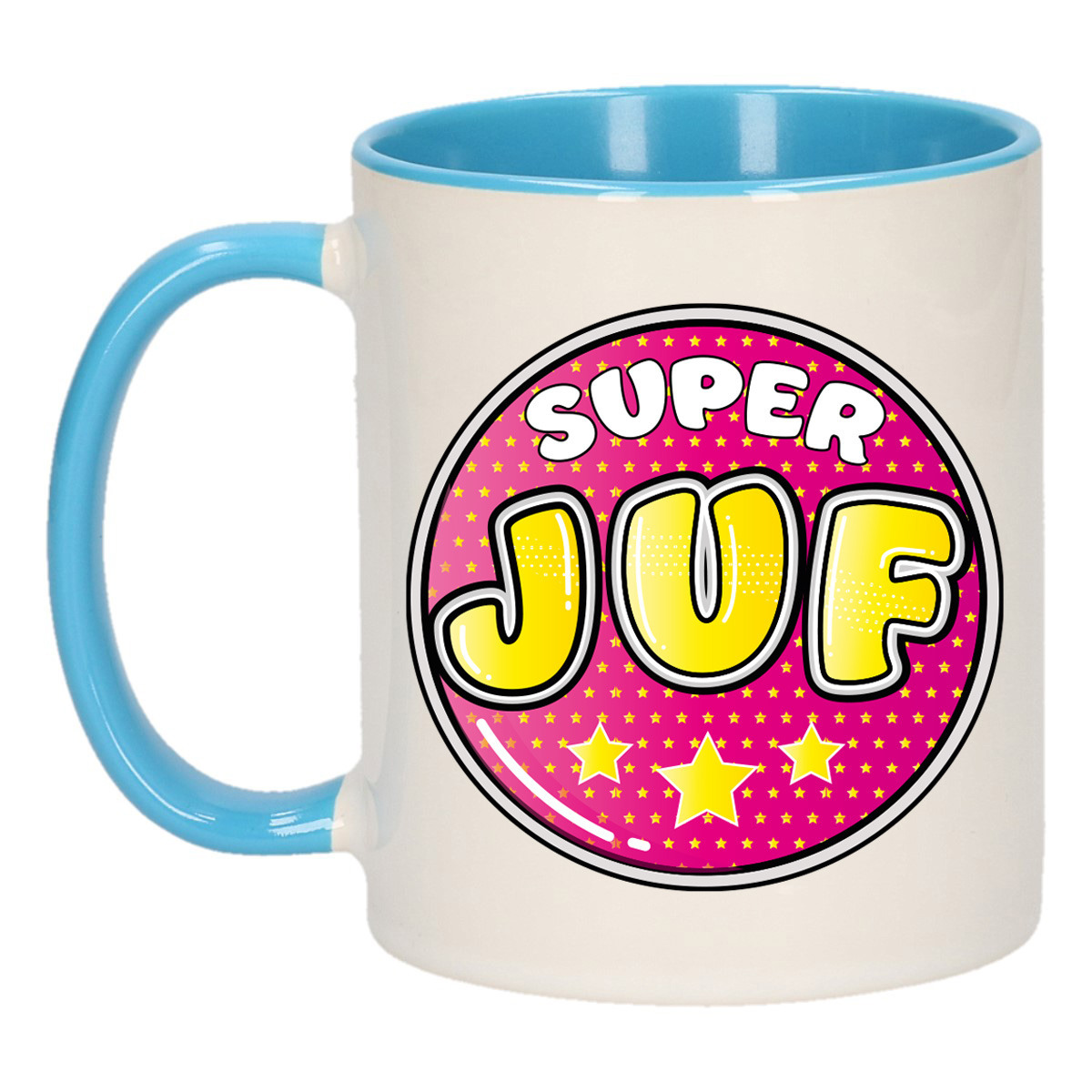 Cadeau koffie/thee mok voor juf - blauw - button - super juf - keramiek - juffen dag -