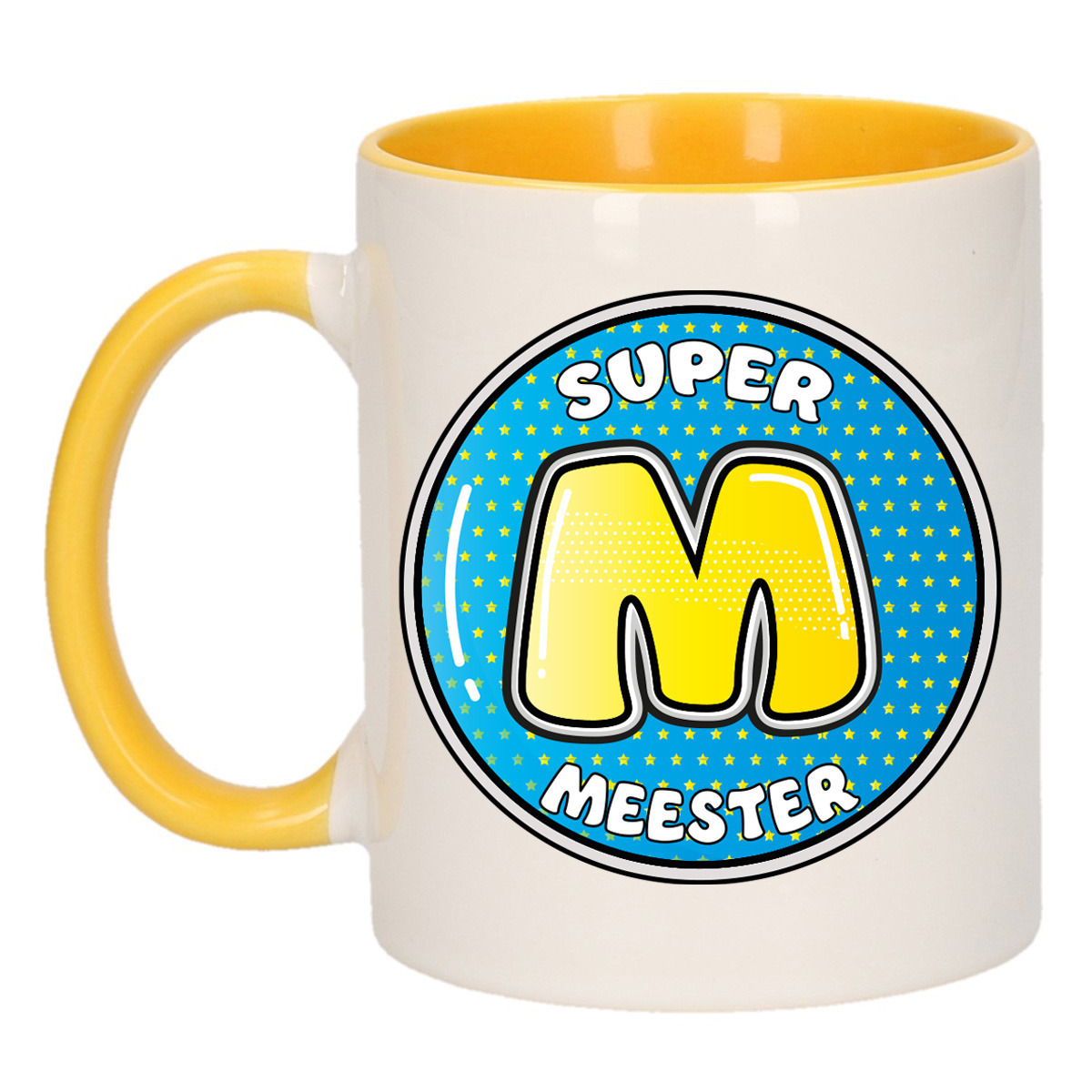 Cadeau koffie/thee mok voor meester - geel - button - super meester - keramiek - meesterdag -