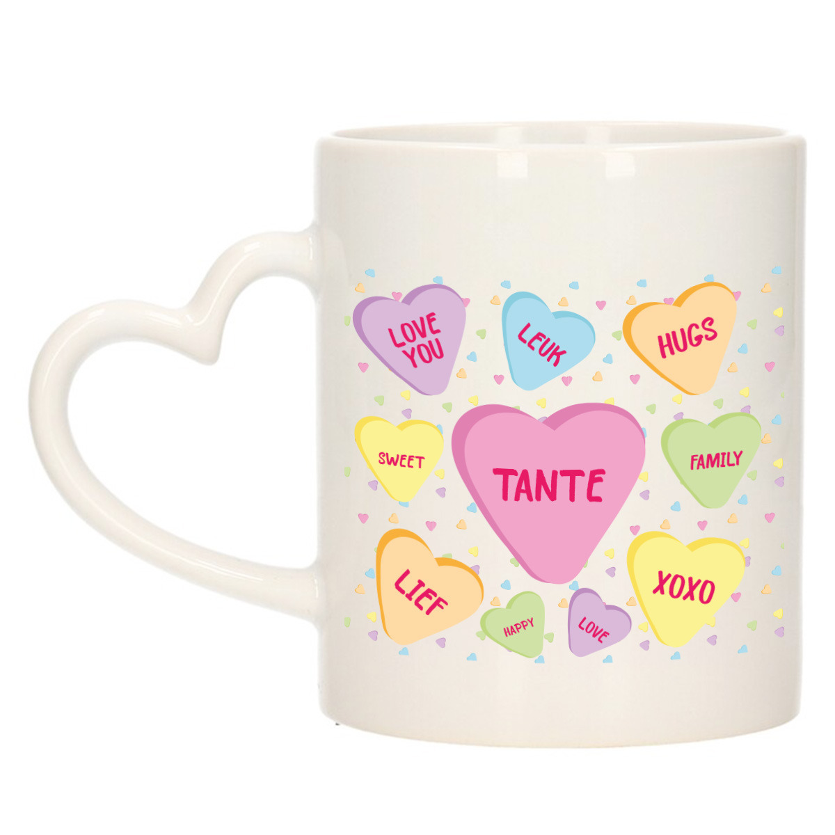 Cadeau koffie/thee mok voor tante - pastel - hartjes oor - de liefste tante - keramiek - 300 ml -