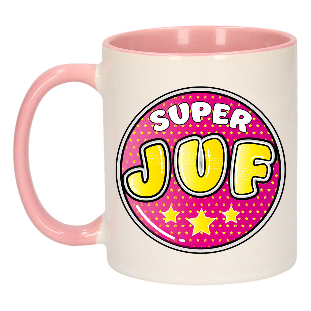 Cadeau koffie/thee mok voor juf - roze - button - super juf - keramiek - juffen dag -
