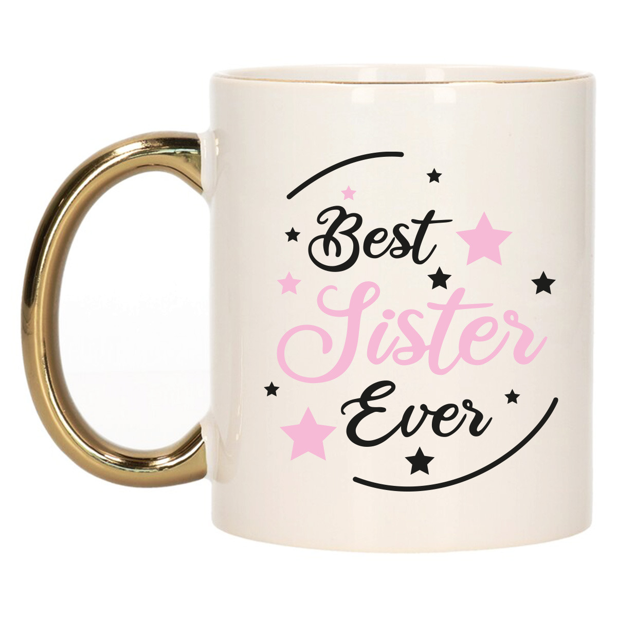 Cadeau koffie/thee mok voor zus - roze met gouden oor - de beste - keramiek - 300 ml -