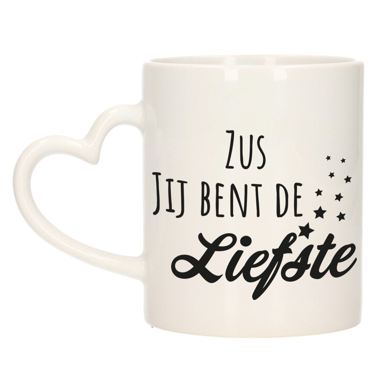 Cadeau koffie/thee mok voor zus - zwart - hartjes oor - de liefste zus - keramiek - 300 ml -
