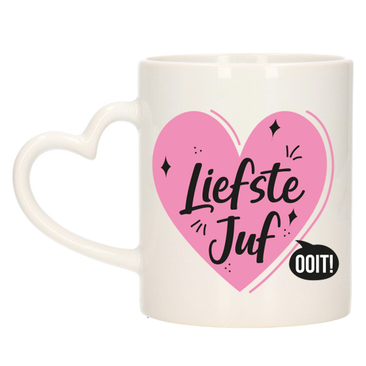Cadeau koffie/thee mok voor juf - roze - hartjes oor - de liefste juf - keramiek - juffen dag -