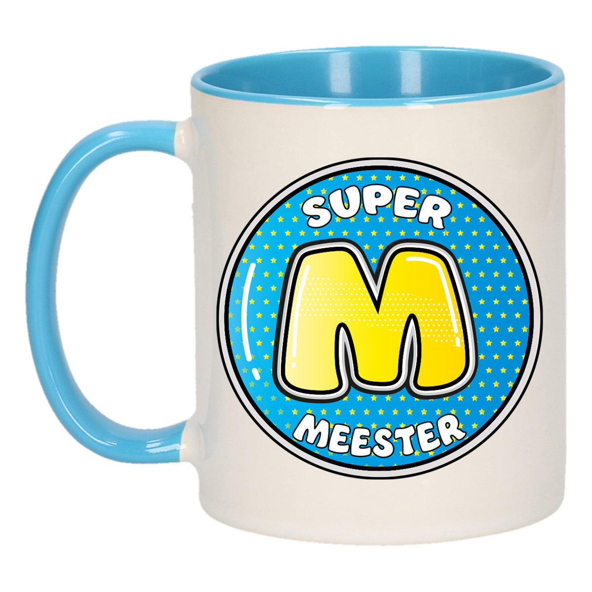 Cadeau koffie/thee mok voor meester - blauw - button - super meester - keramiek - meesterdag -