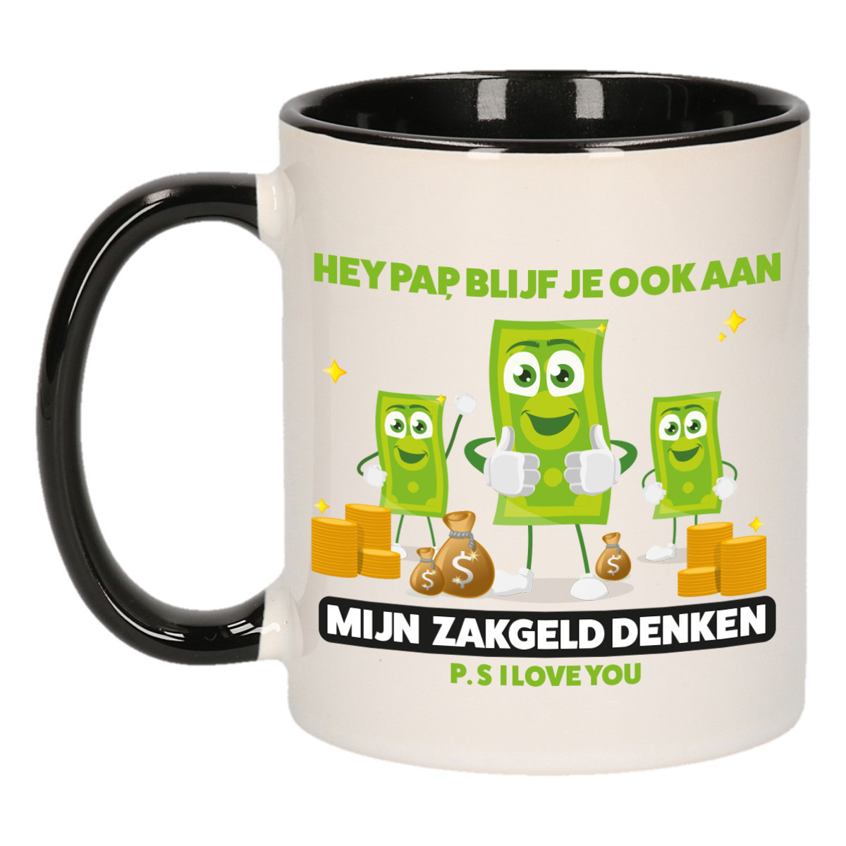 Cadeau koffie/thee mok voor papa - zwart/groen - zakgeld - keramiek - 300 ml - Vaderdag -