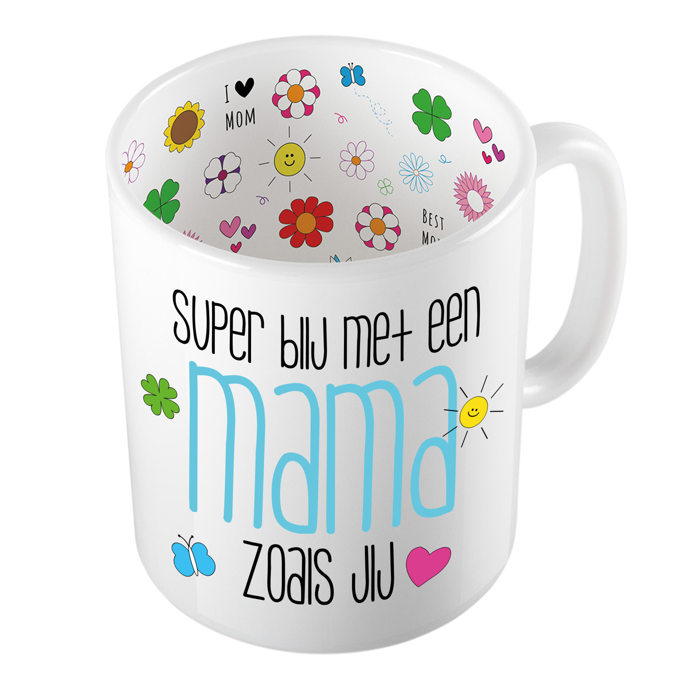 Cadeau koffie/thee mok voor mama - blauw - super blij met mama - keramiek - 300 ml - Moederdag -
