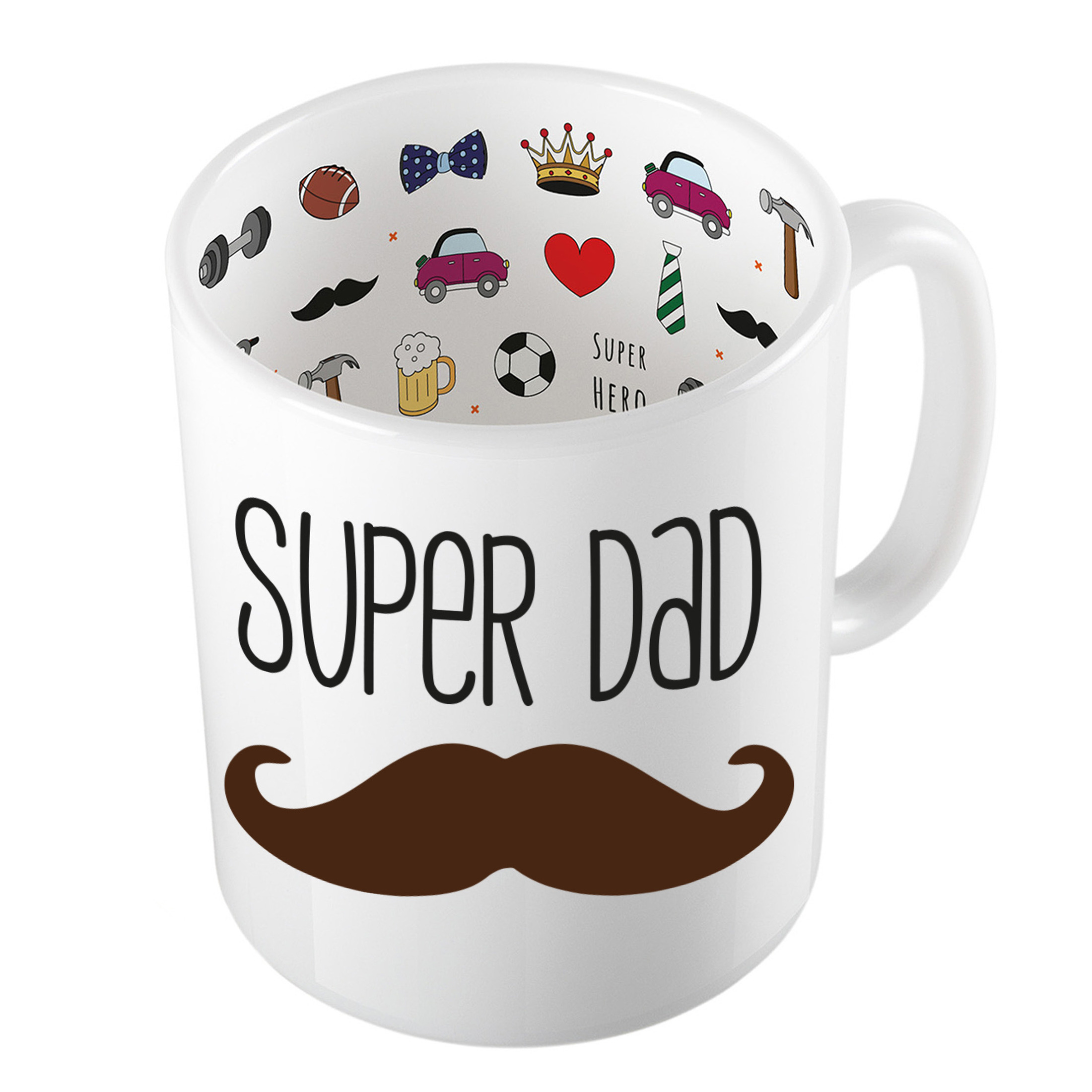 Cadeau koffie/thee mok voor papa - bruine snor - super papa - keramiek - 300 ml - Vaderdag -