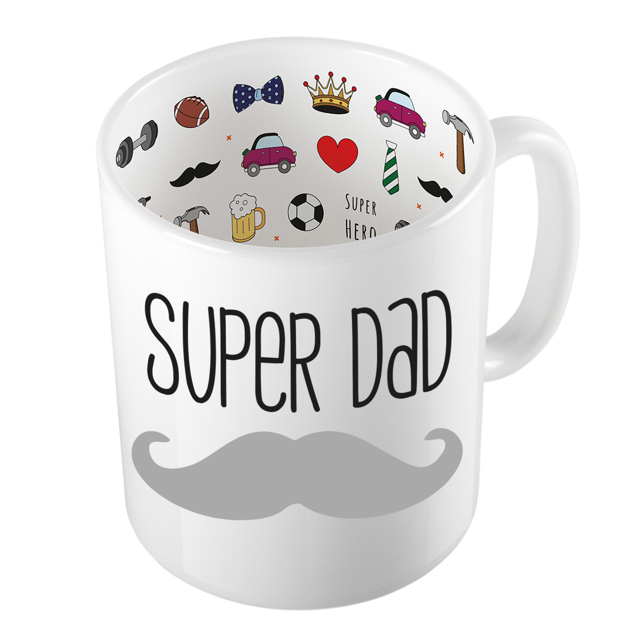 Cadeau koffie/thee mok voor papa - grijze snor - super papa - keramiek - 300 ml - Vaderdag -