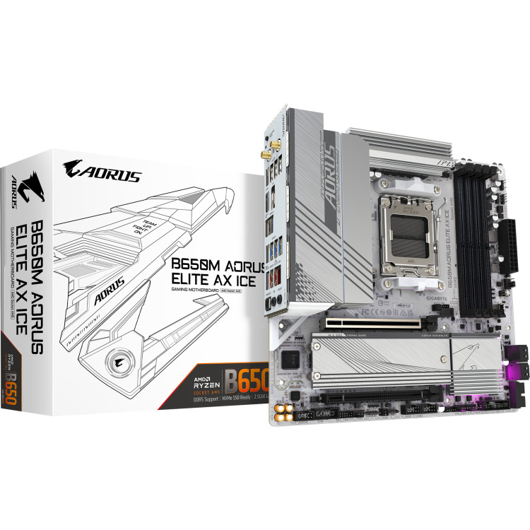 GIGABYTE B650M A ELITE AX ICE moederbord RAID, 2.5 Gb-LAN, WLAN, BT, Sound, µATX