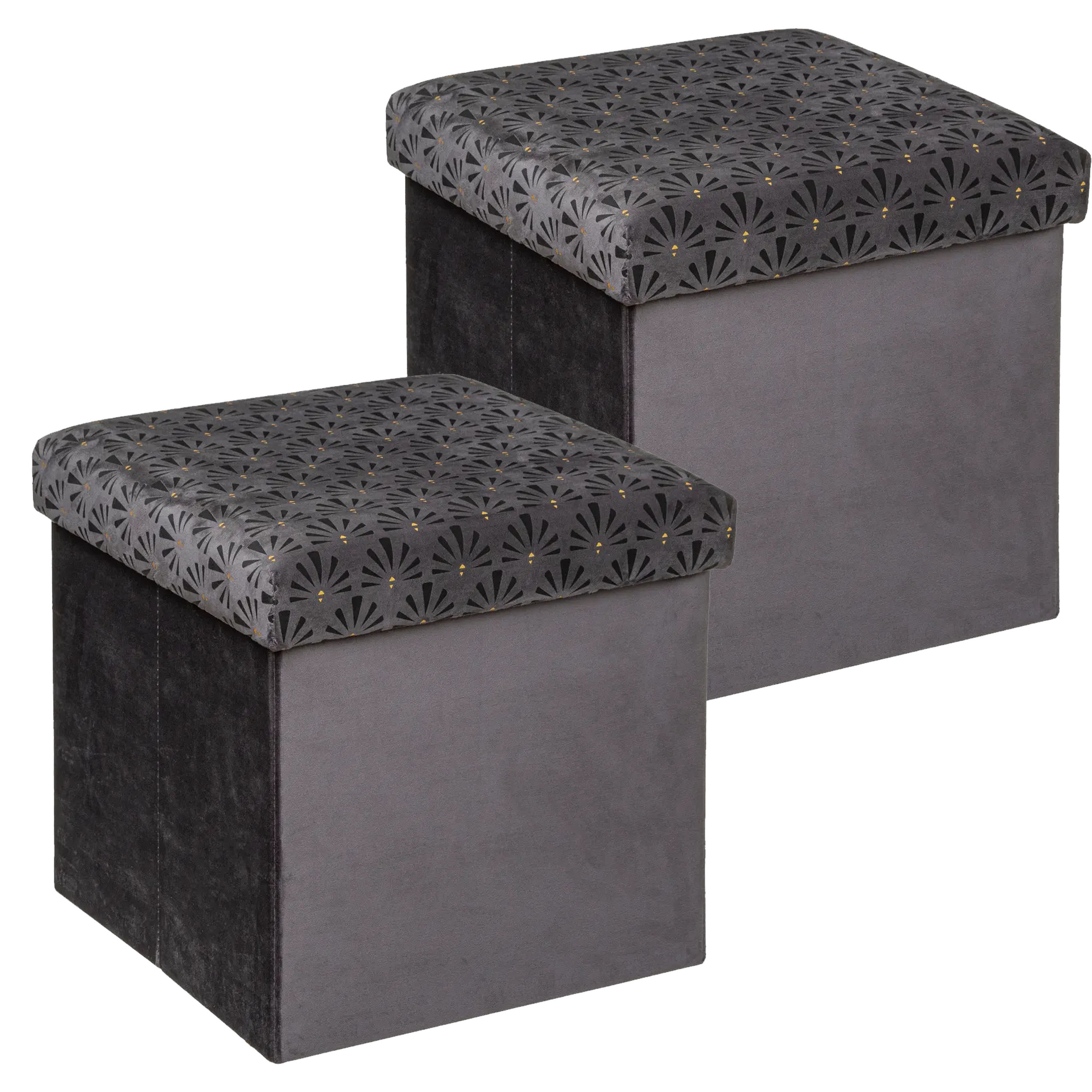 Poef/krukje/hocker Royal - 2x - Opvouwbare zit opslag box - fluweel Donkergrijs - D38 x H38 cm -