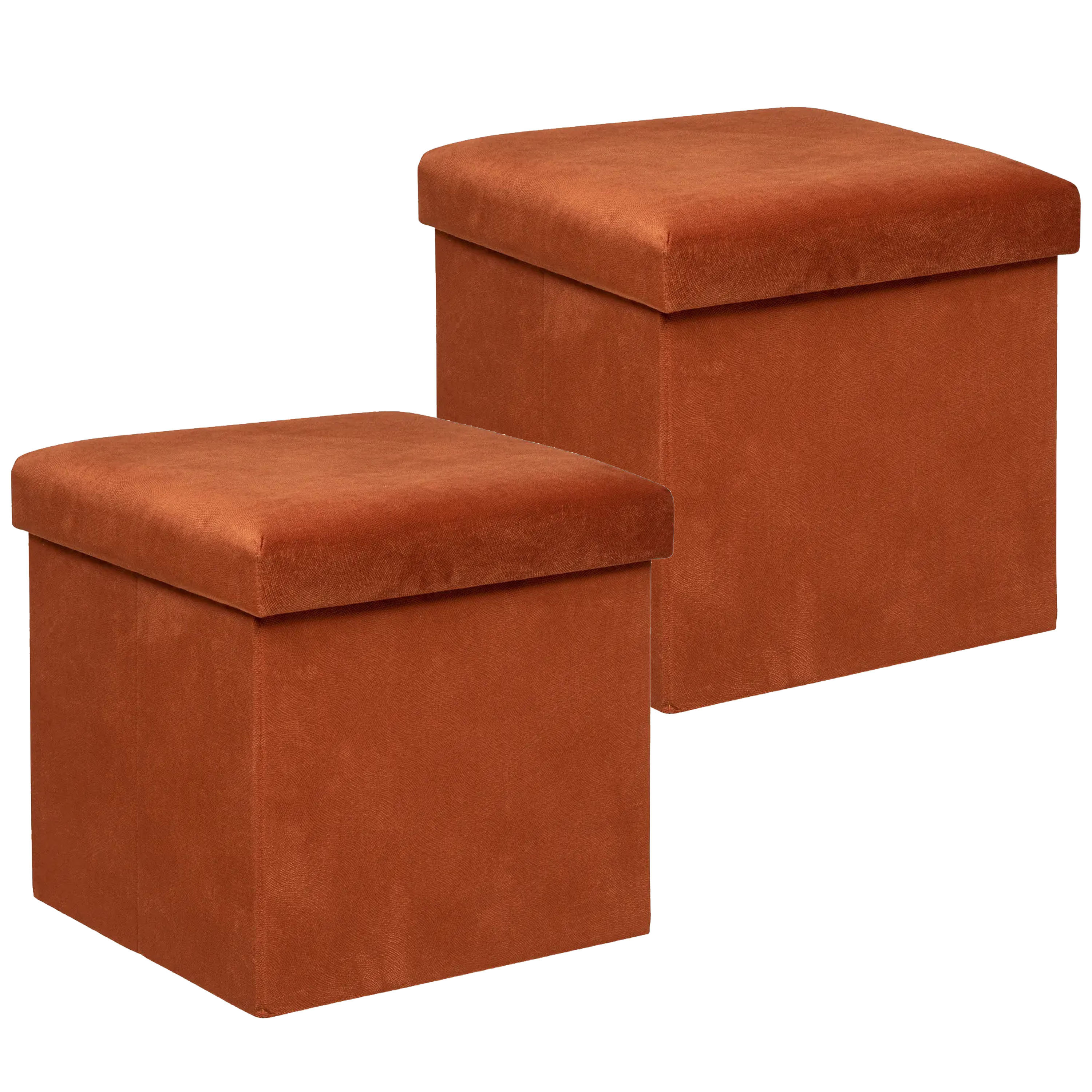Poef/krukje/hocker Amber - 2x - Opvouwbare zit opslag box - fluweel Terracotta - D38 x H38 cm -