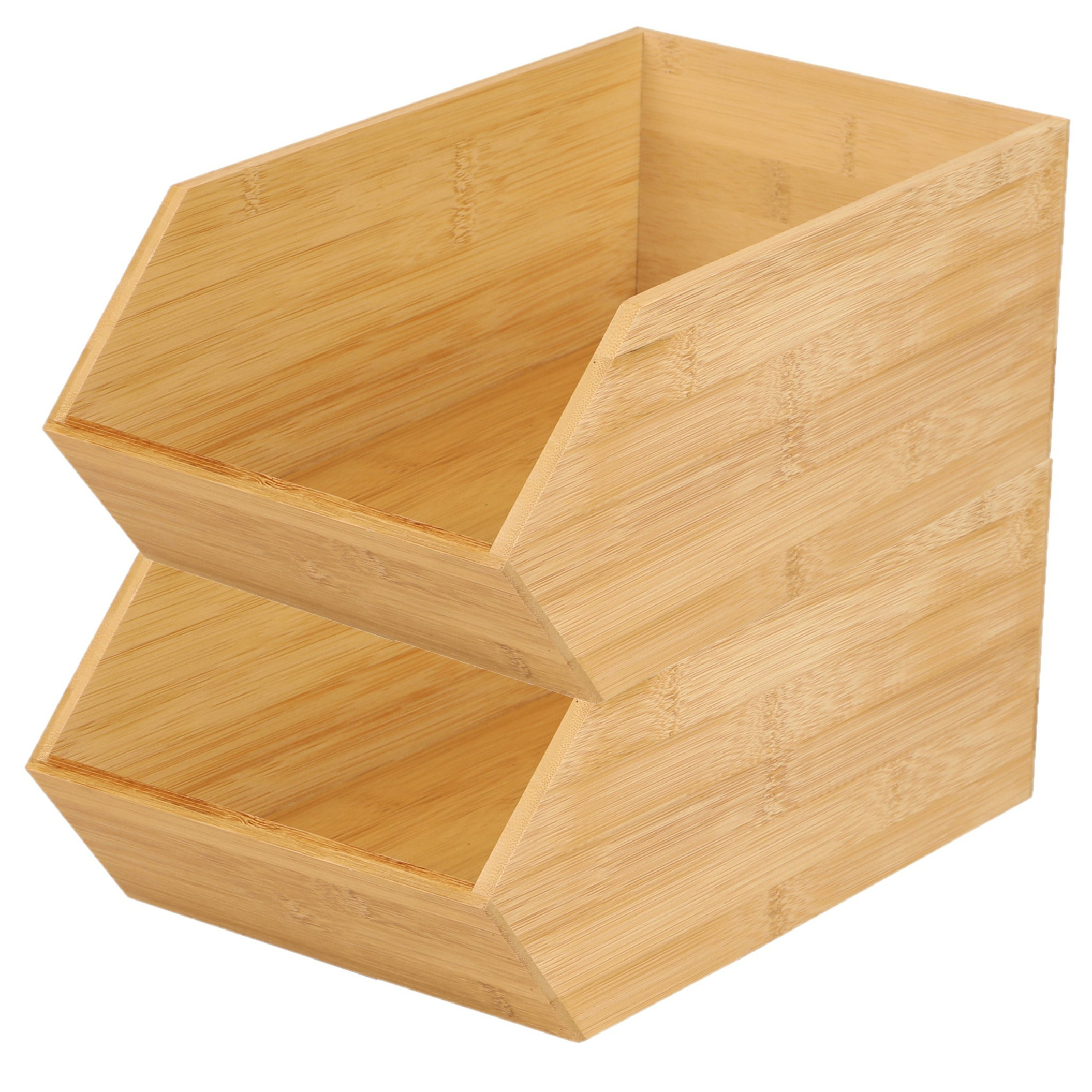 Stapelbare opbergmand 1 vaks - 2x - L18 x B31 x H12 cm - bamboe hout - lichtbruin - organizer -