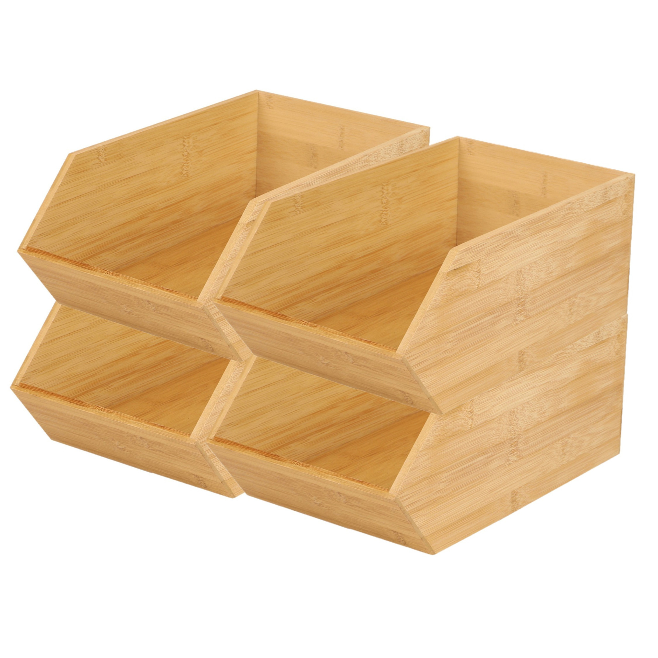 Stapelbare opbergmand 1 vaks - 4x - L18 x B31 x H12 cm - bamboe hout - lichtbruin - organizer -