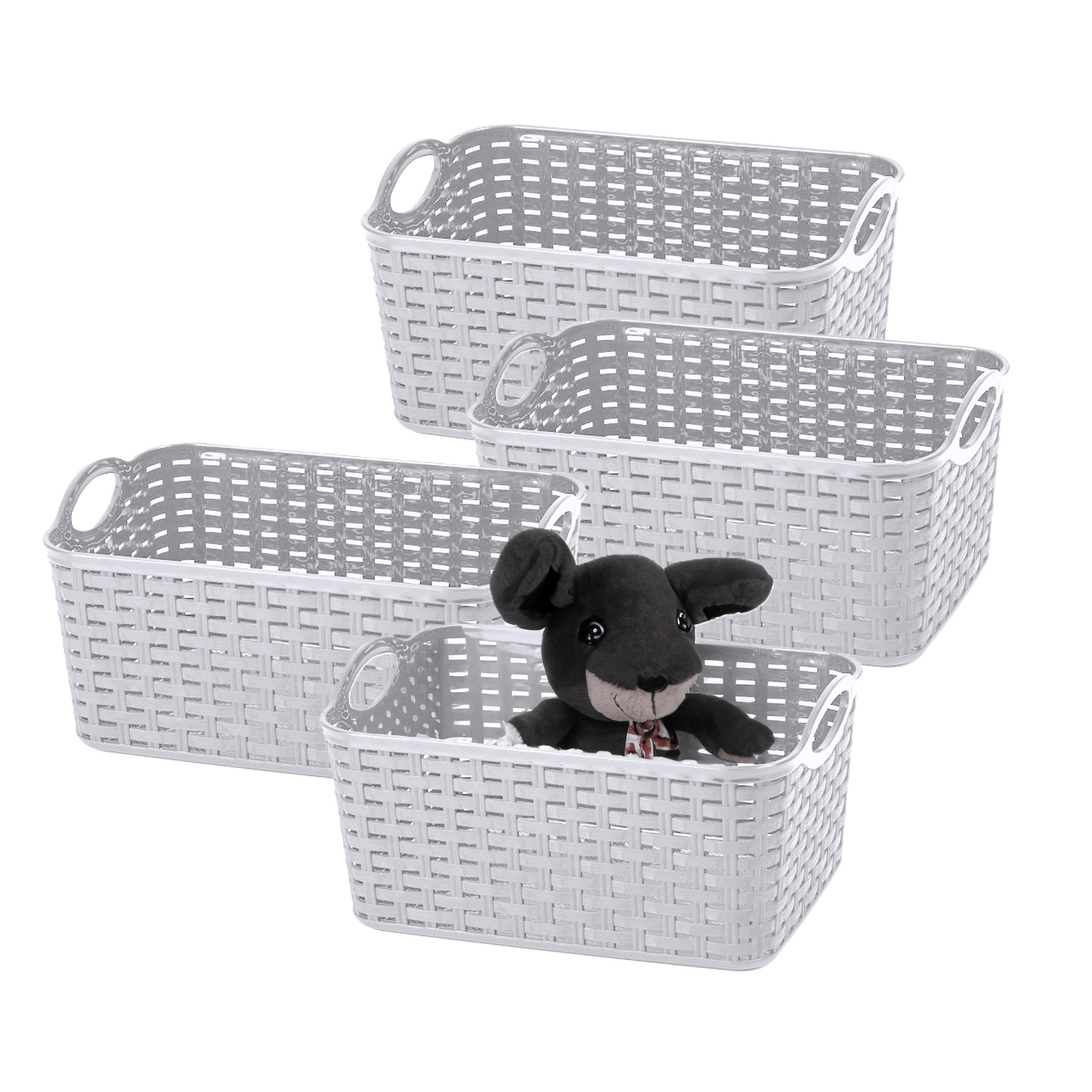 Opbergmand/kastmandje - 4x - 12 liter - zilver - gevlochten kunststof - 33 x 24 x 21 cm -