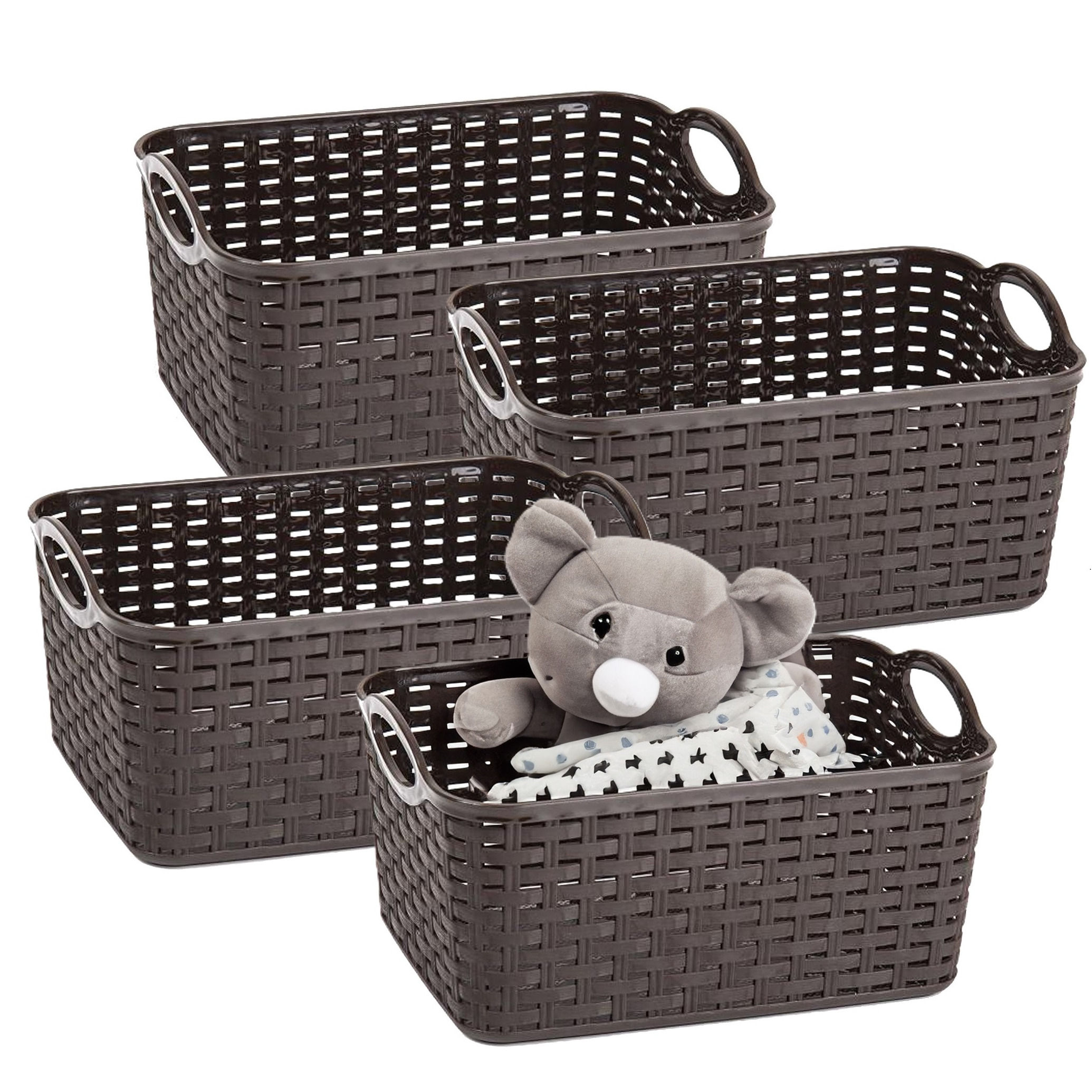 Opbergmand/kastmandje - 4x - 12 liter - donkerbruin - gevlochten kunststof - 33 x 24 x 21 cm -