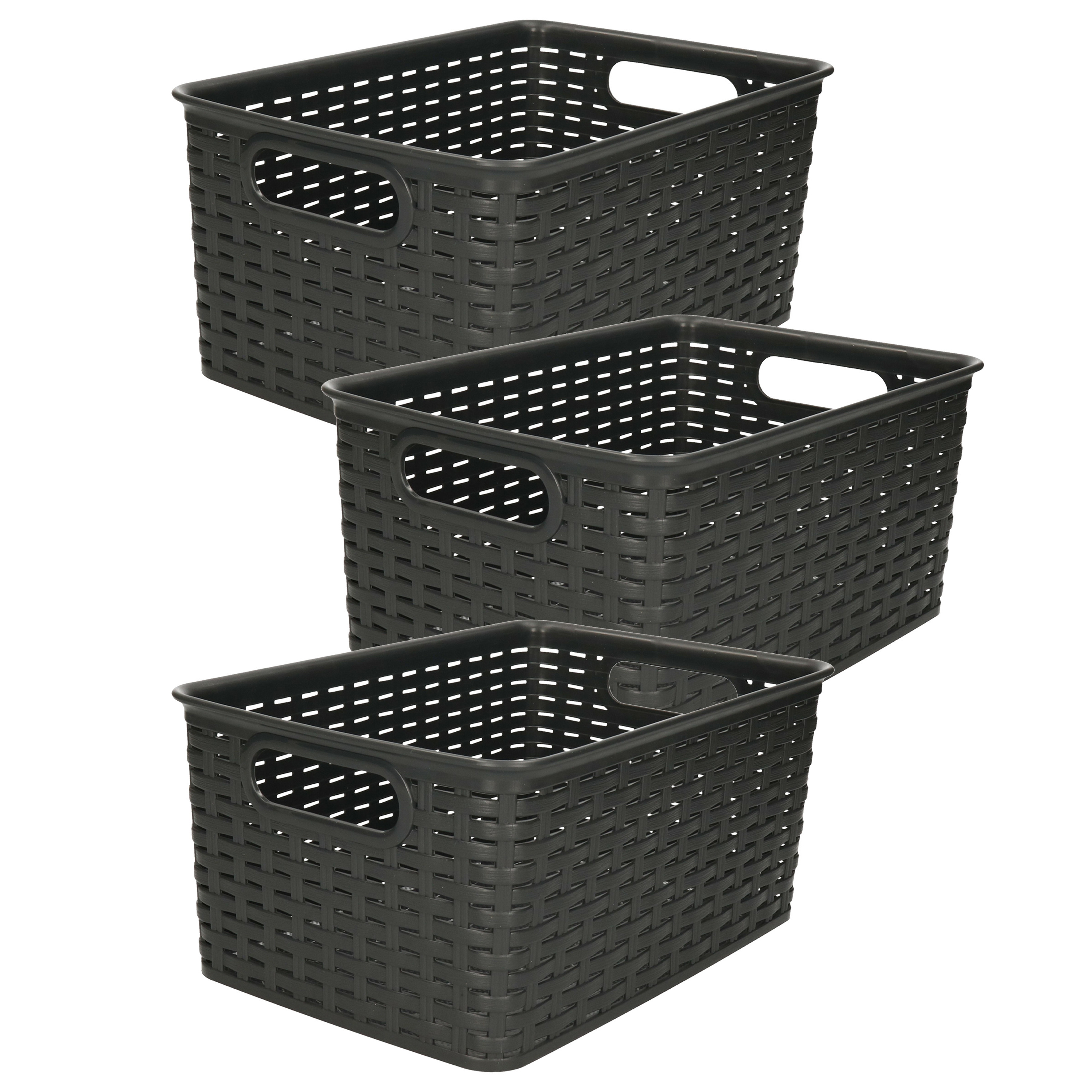 Opbergmand - 3x - Kastmand - rotan kunststof - zwart - 6 Liter - 19 x 29 x 13 cm -