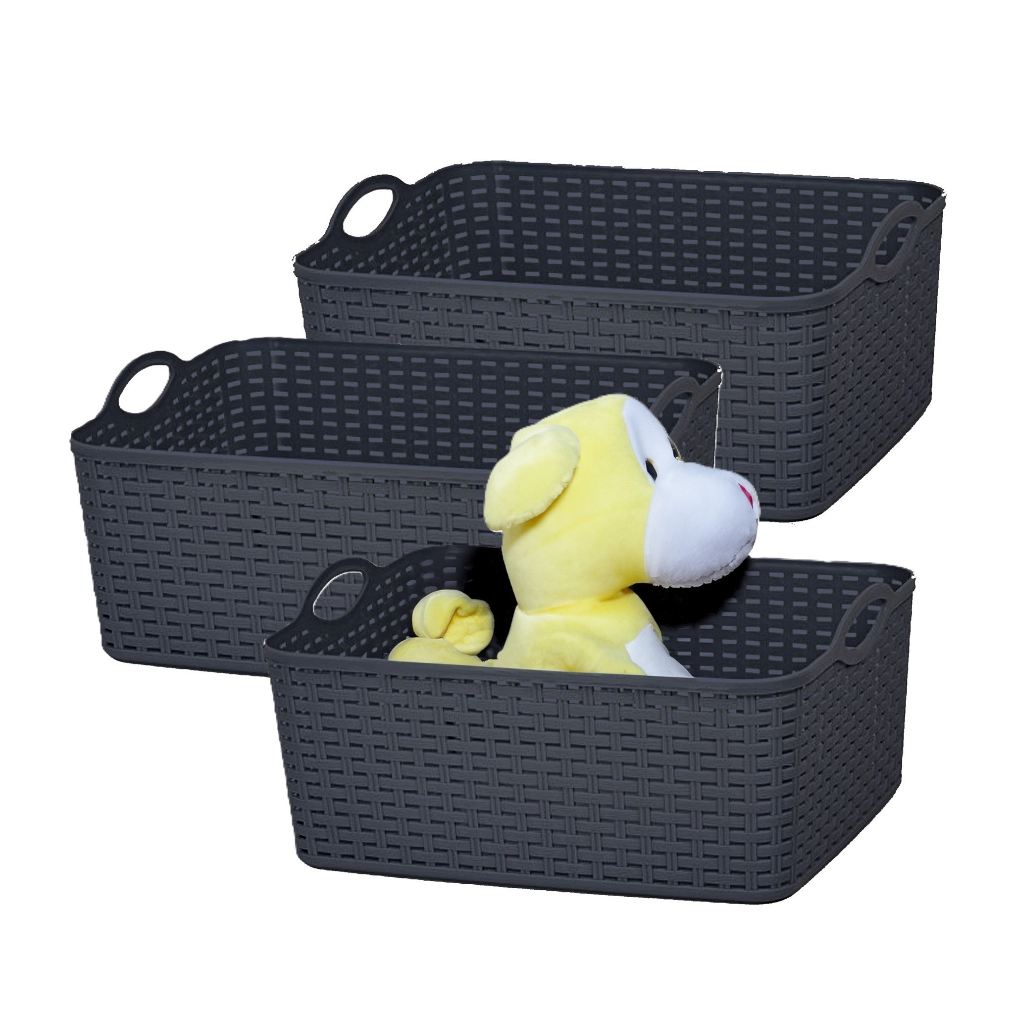 Opbergmand/kastmandje - 3x - 11 liter - zwart - gevlochten kunststof - 35 x 28 x 16 cm -