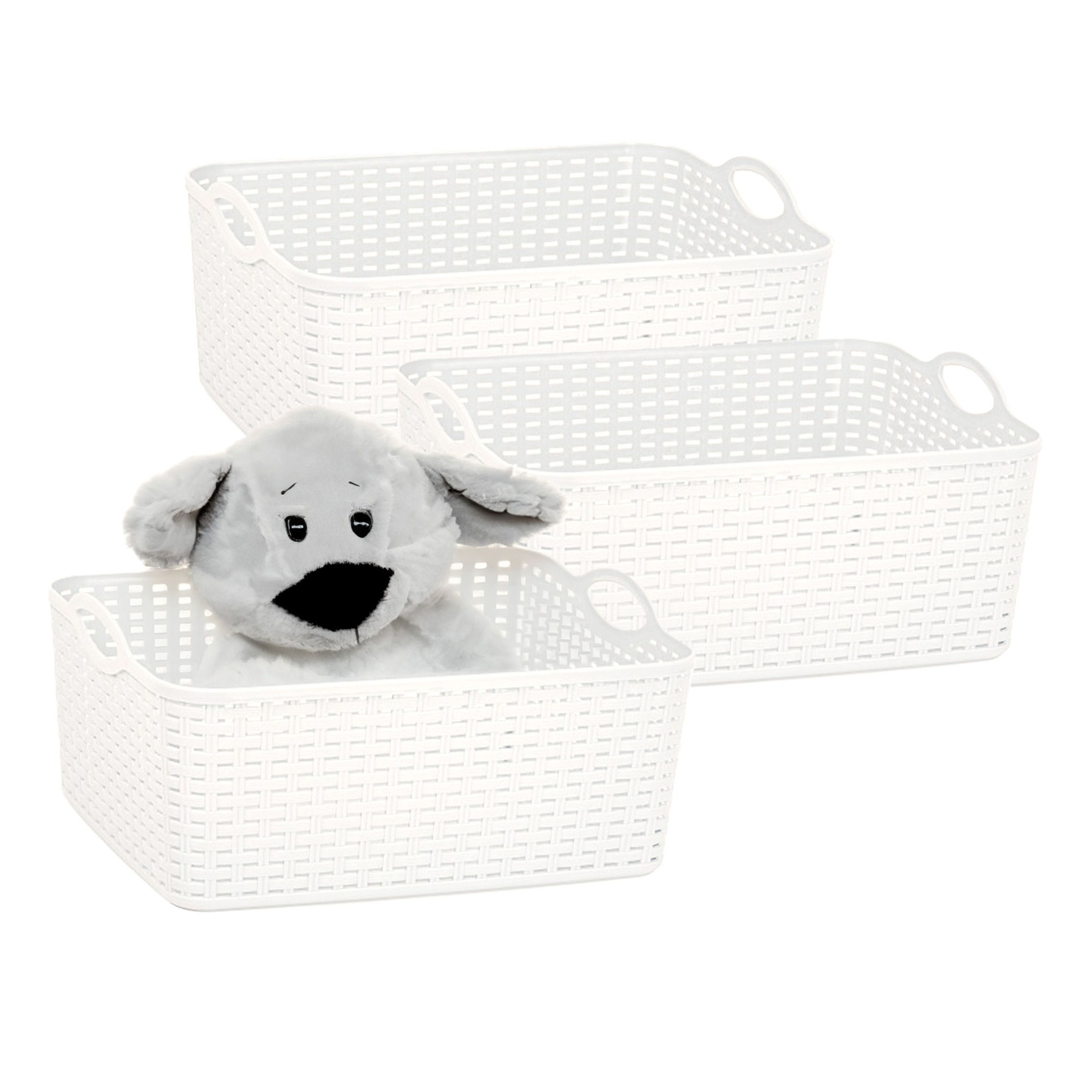 Opbergmand/kastmandje - 3x - 11 liter - ivoor wit - gevlochten kunststof - 35 x 28 x 16 cm -