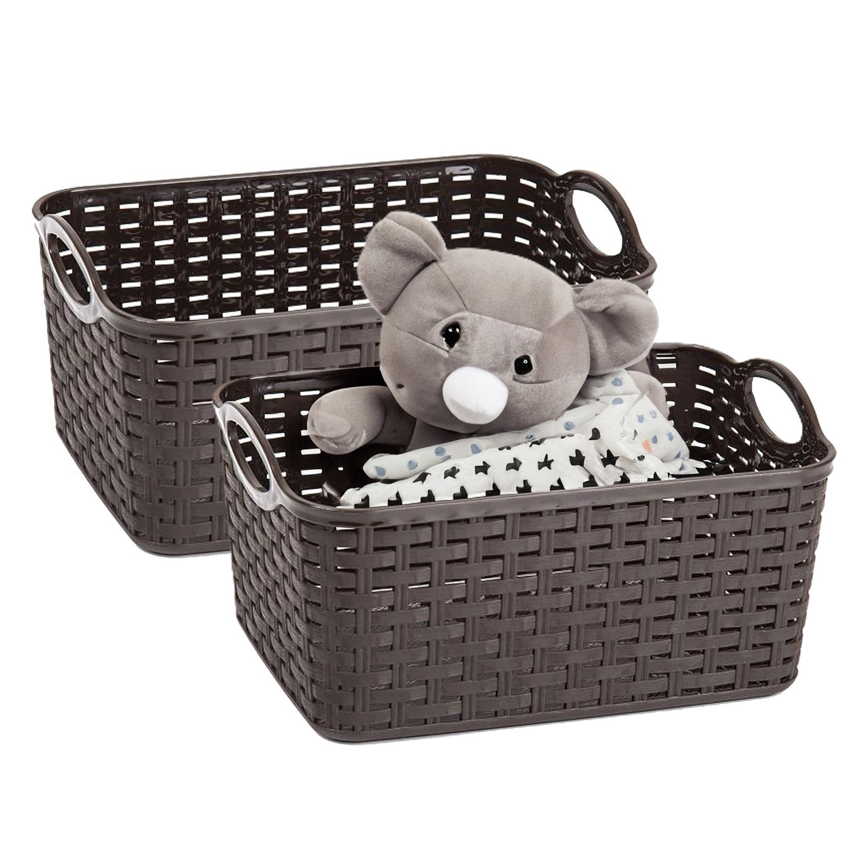 Opbergmand/kastmandje - 2x - 12 liter - donkerbruin - gevlochten kunststof - 33 x 24 x 21 cm -