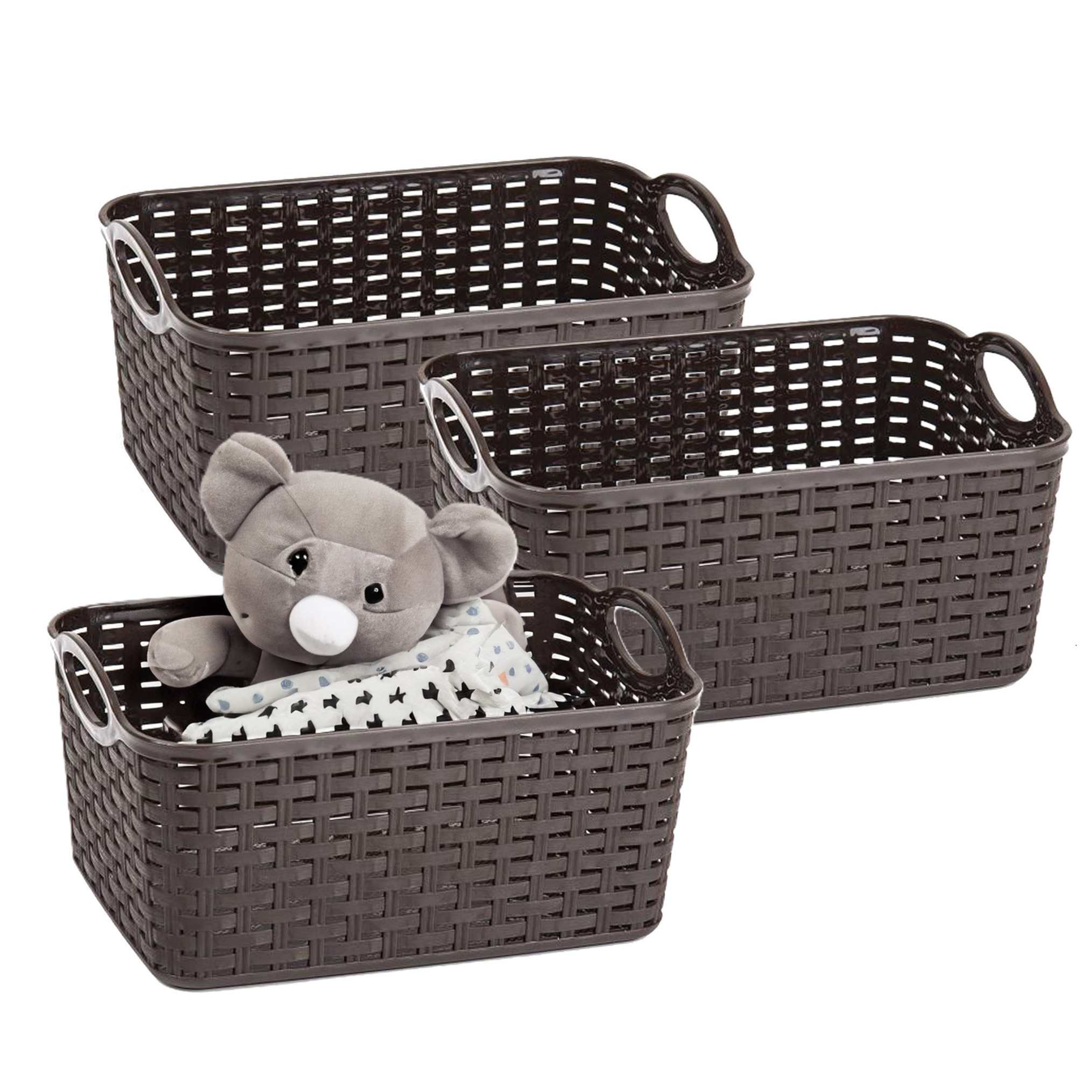 Opbergmand/kastmandje - 3x - 12 liter - donkerbruin - gevlochten kunststof - 33 x 24 x 21 cm -
