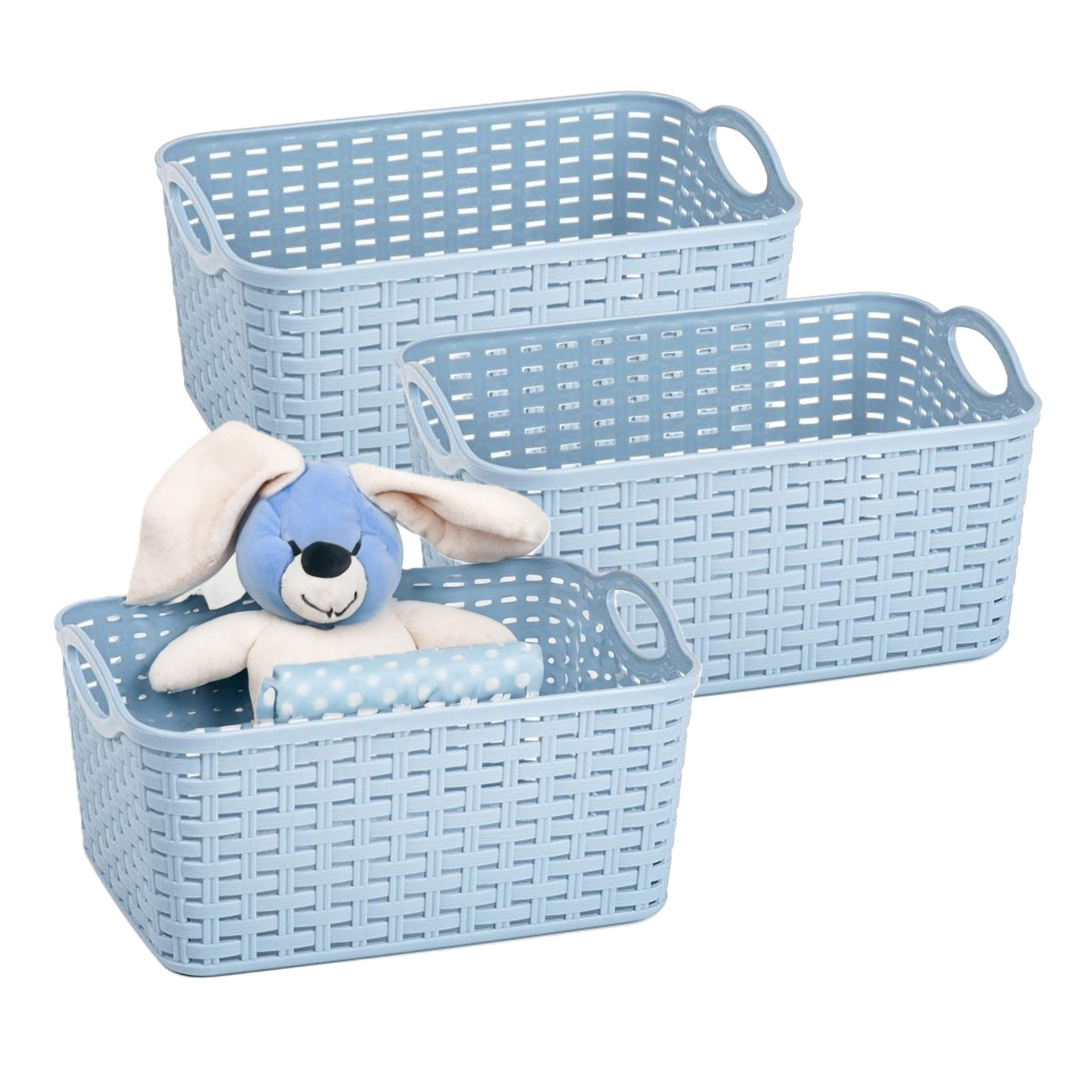 Opbergmand/kastmandje - 3x - 12 liter - ijsblauw - gevlochten kunststof - 33 x 24 x 21 cm -