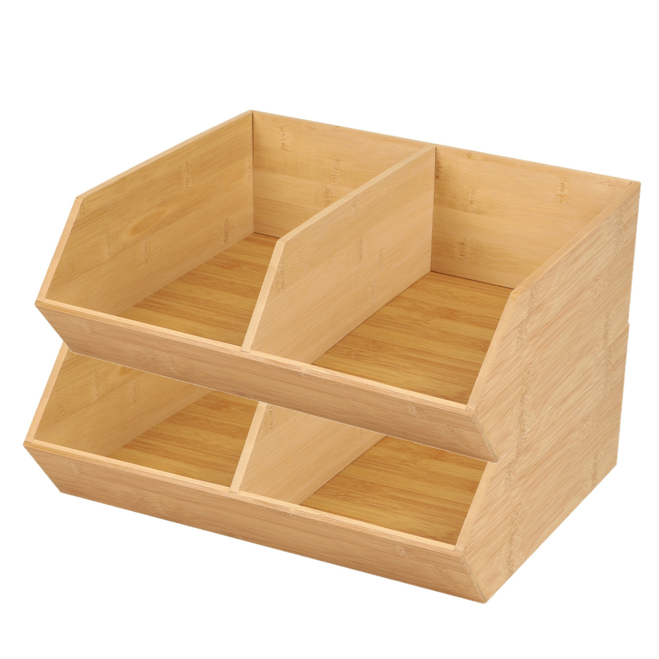 Stapelbare opbergmand 2 vaks - 2x - L35 x B31 x H12 cm - bamboe hout - lichtbruin - organizer -
