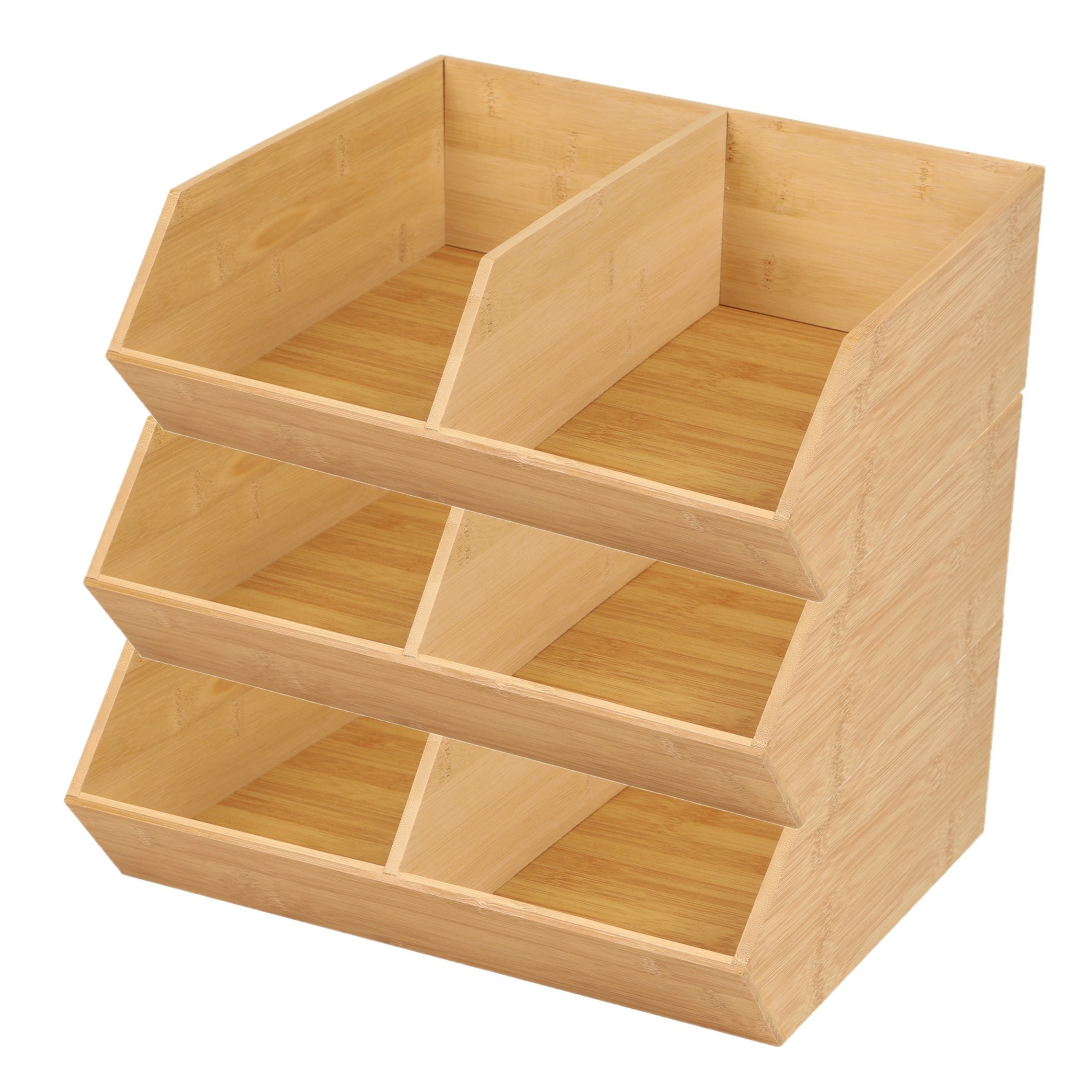 Stapelbare opbergmand 2 vaks - 3x - L35 x B31 x H12 cm - bamboe hout - lichtbruin - organizer -