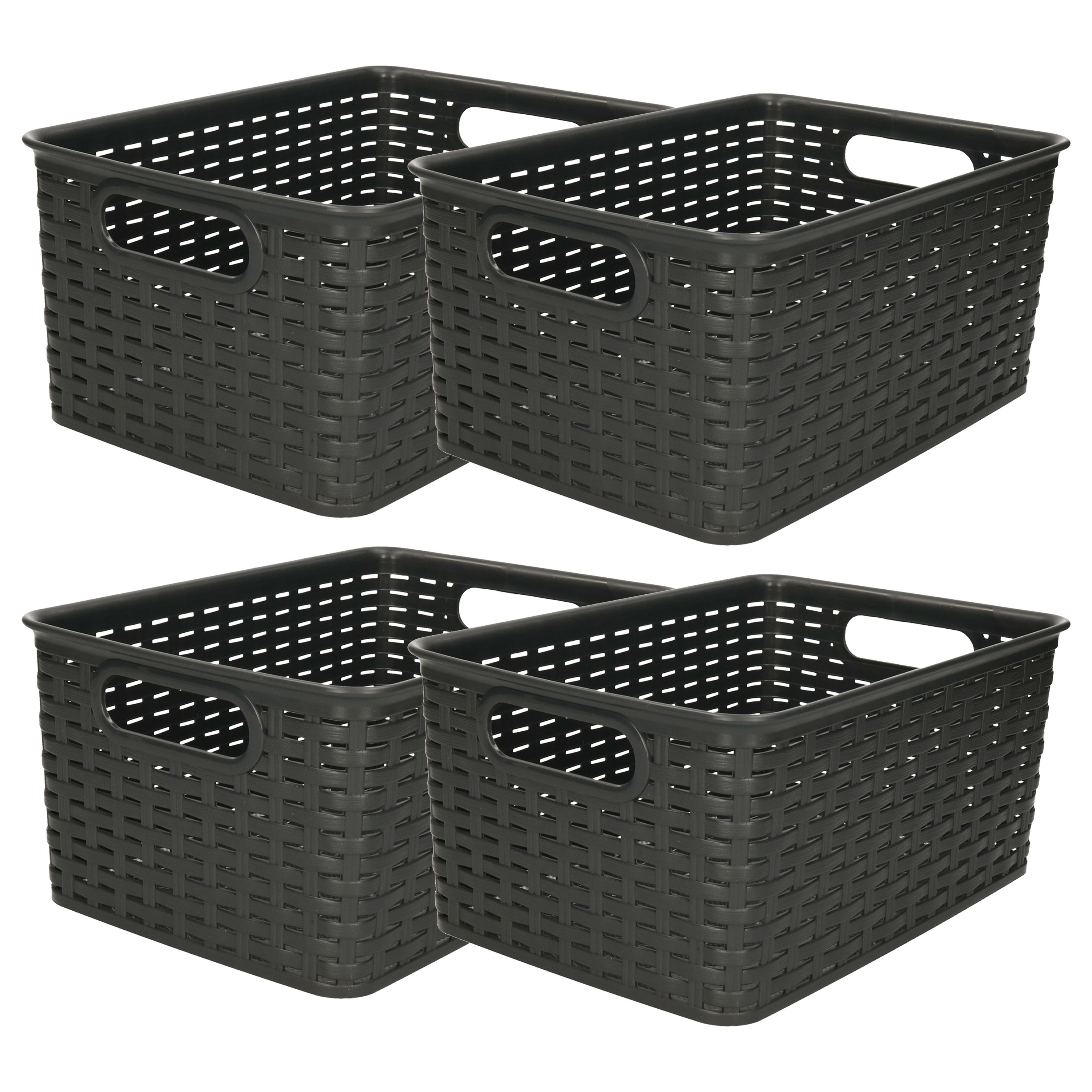 Opbergmand - 4x - Kastmand - rotan kunststof - zwart - 6 Liter - 19 x 29 x 13 cm -