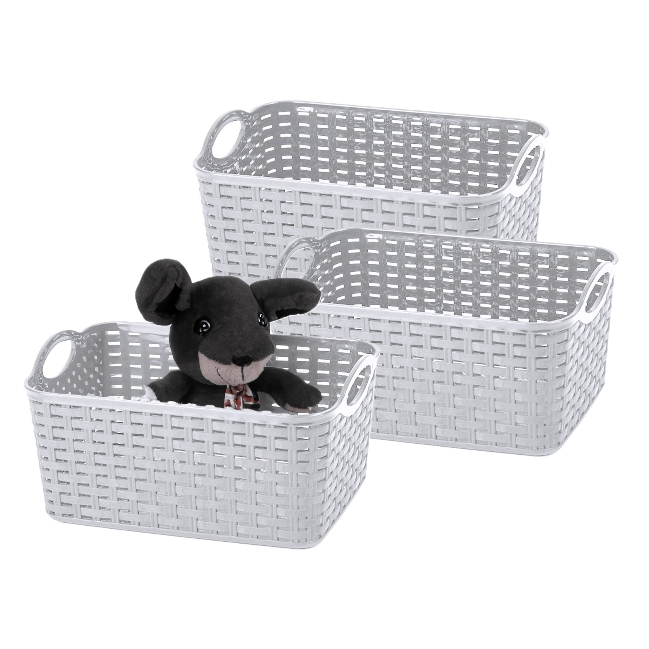 Opbergmand/kastmandje - 3x - 12 liter - zilver - gevlochten kunststof - 33 x 24 x 21 cm -