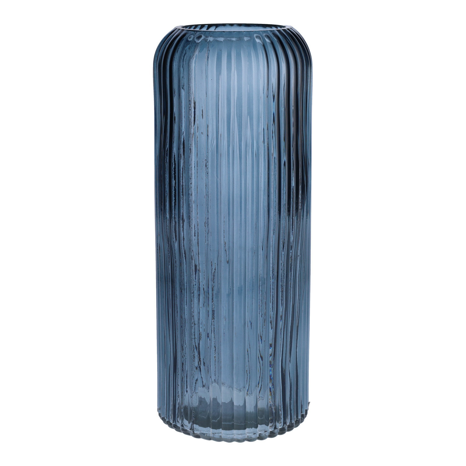 Bloemenvaas ribbel - denim blauw - transparant glas - D10 x H25 cm -