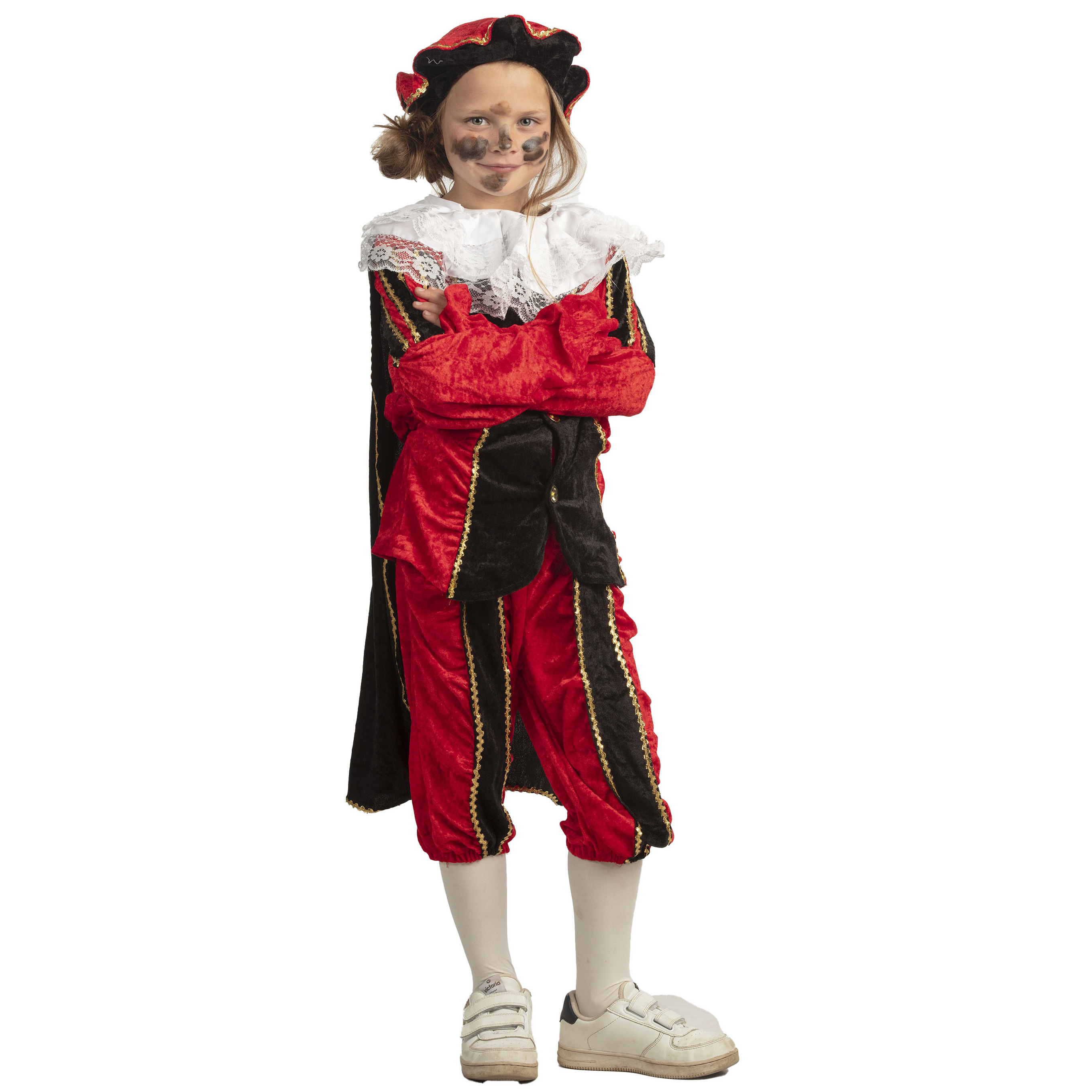 Piet verkleed kostuum 4-delig - rood/zwart - polyester - pietenpak voor kinderen 128 (8 jaar) -