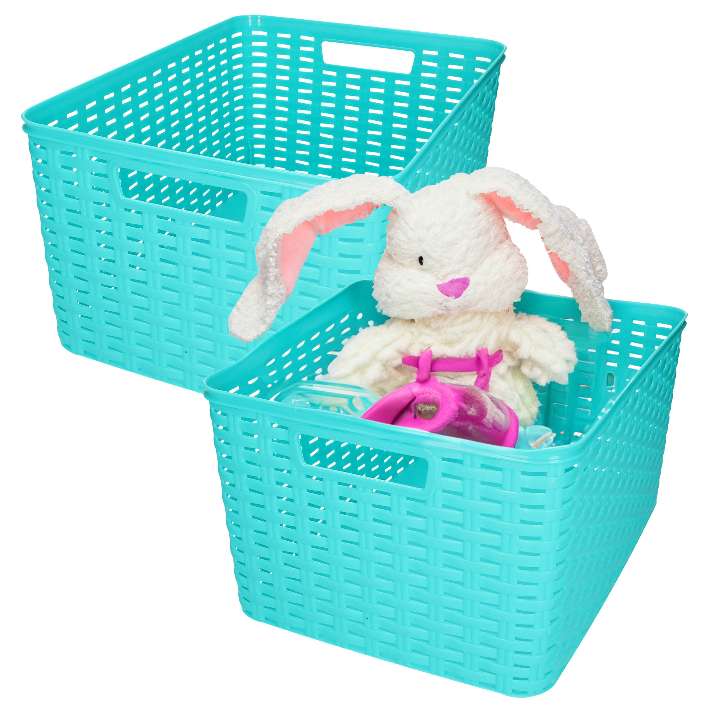 Opbergmand - 2x - Kastmand - rotan kunststof - turquoise blauw - 18 Liter - 29 x 39 x 20 cm -