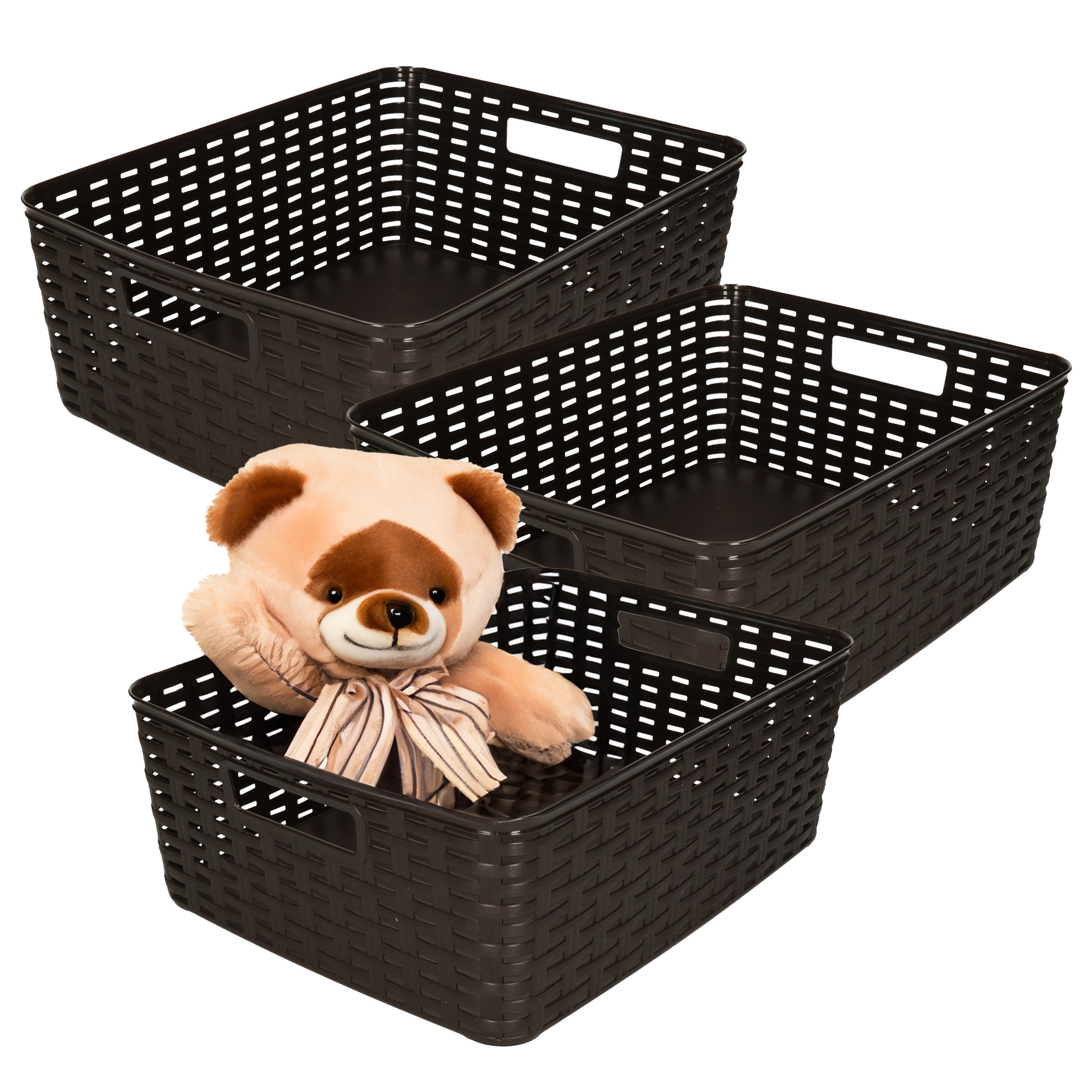 Opbergmand - 3x - Kastmand - rotan kunststof - donkerbruin - 12 Liter - 30 x 37 x 13 cm -