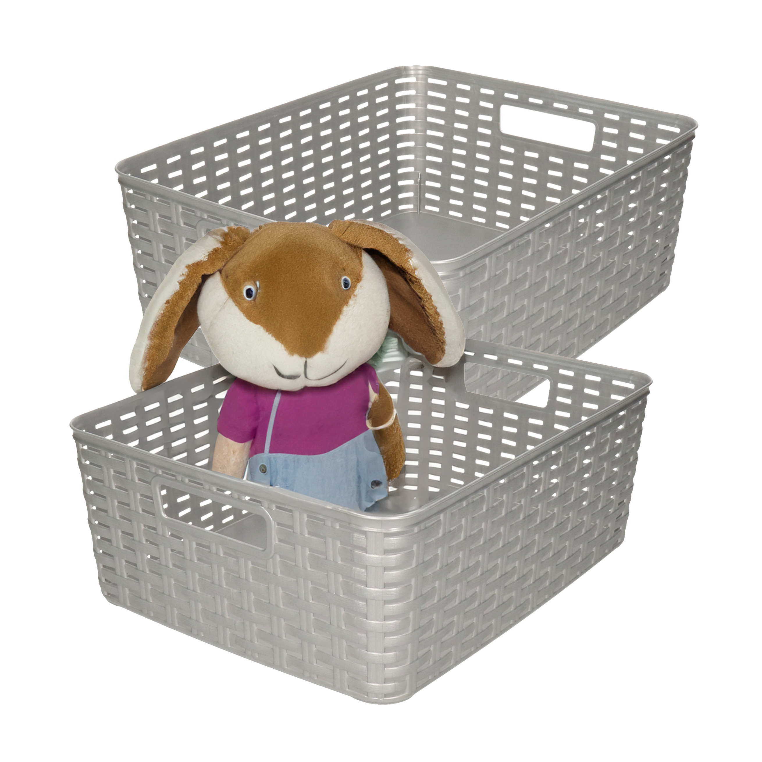 Opbergmand - 2x - Kastmand - rotan kunststof - zilver - 12 Liter - 30 x 37 x 13 cm -